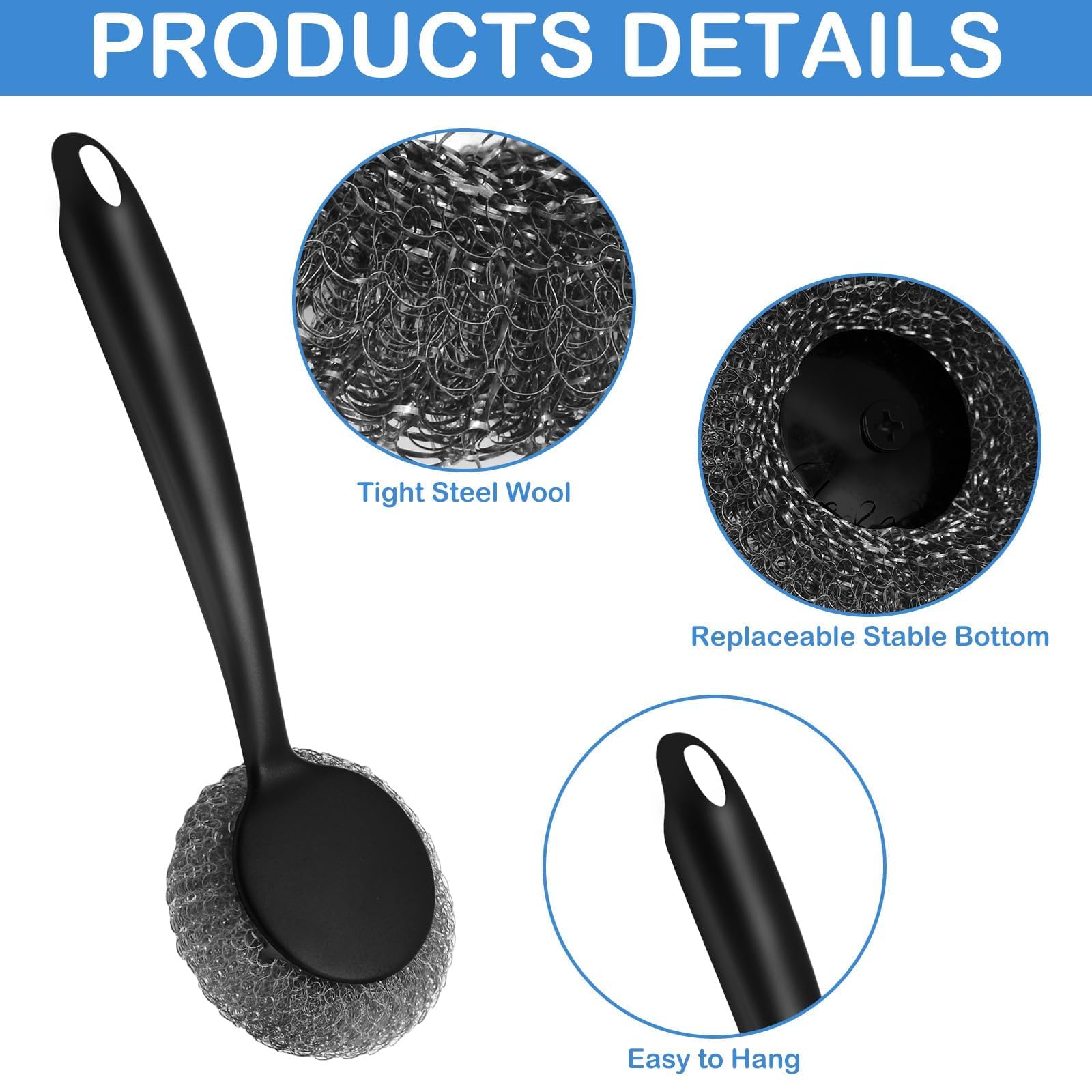 Scrubber with Handle Comes with Three Replacement Balls Steel Wool