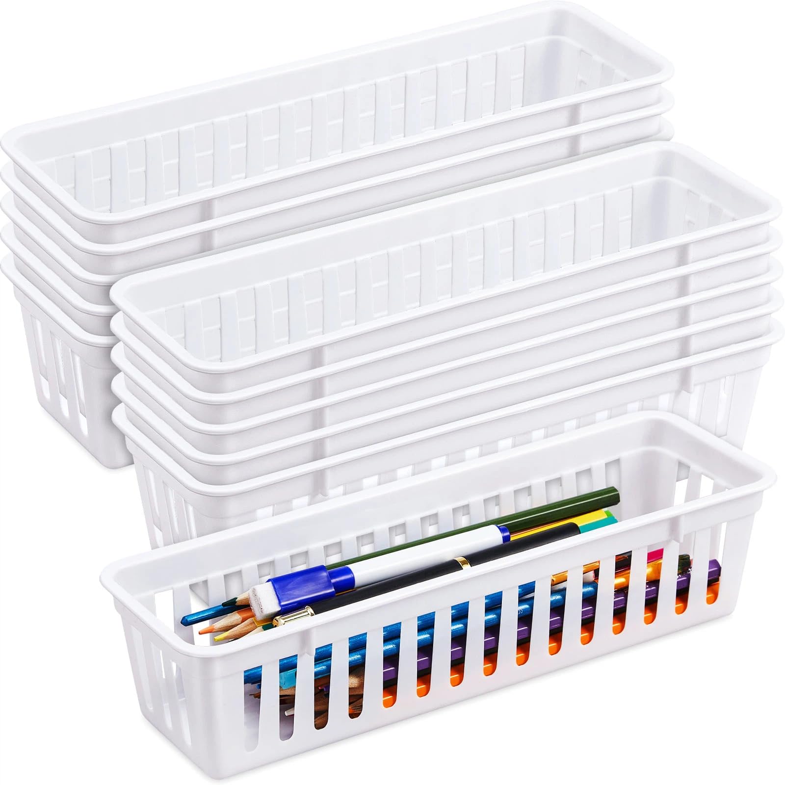 12 Pack Slim Plastic Storage Baskets Tray for Organizing 10.25x3.25x2.5 Inch Small Narrow Storage Bins Stackable Drawer Pencil Trays Holder for Desk Garage Cabinet Container (12 Count)