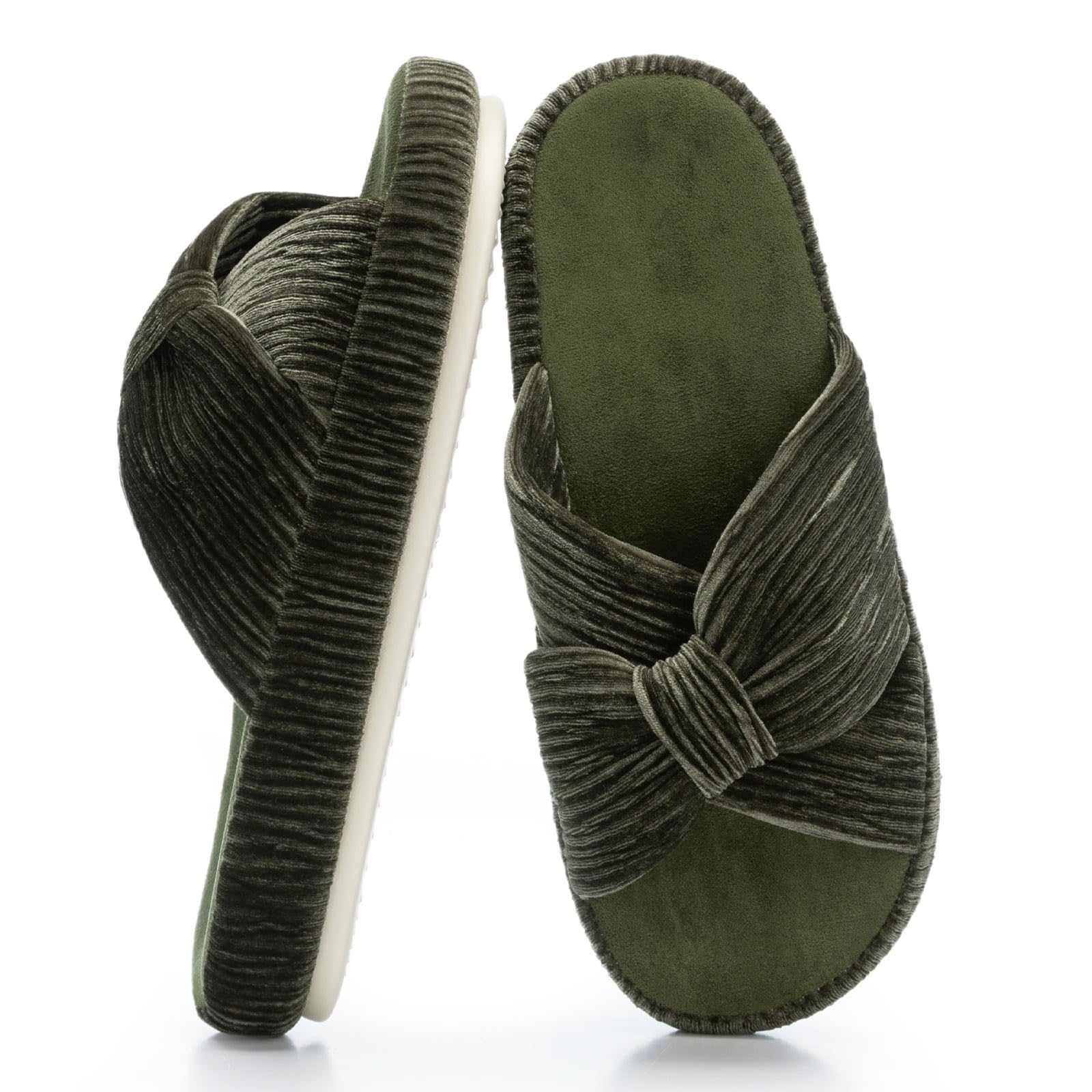 Slippers for Women Memory Foam House Bedroom Bow Crossbands Pearlescent Slipper Shoes Comfy Trendy Gift Slippers Olive Size 7 8 6.5