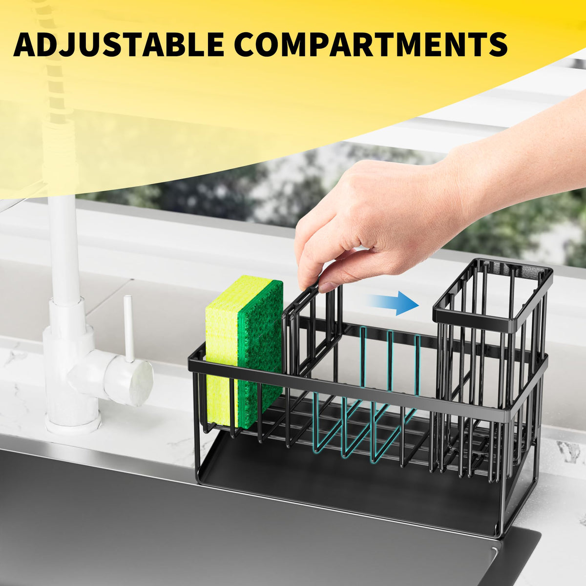 Sink Caddy Sponge Holder for Kitchen with Brush Holder and Stainless Steel Self Drain Tray