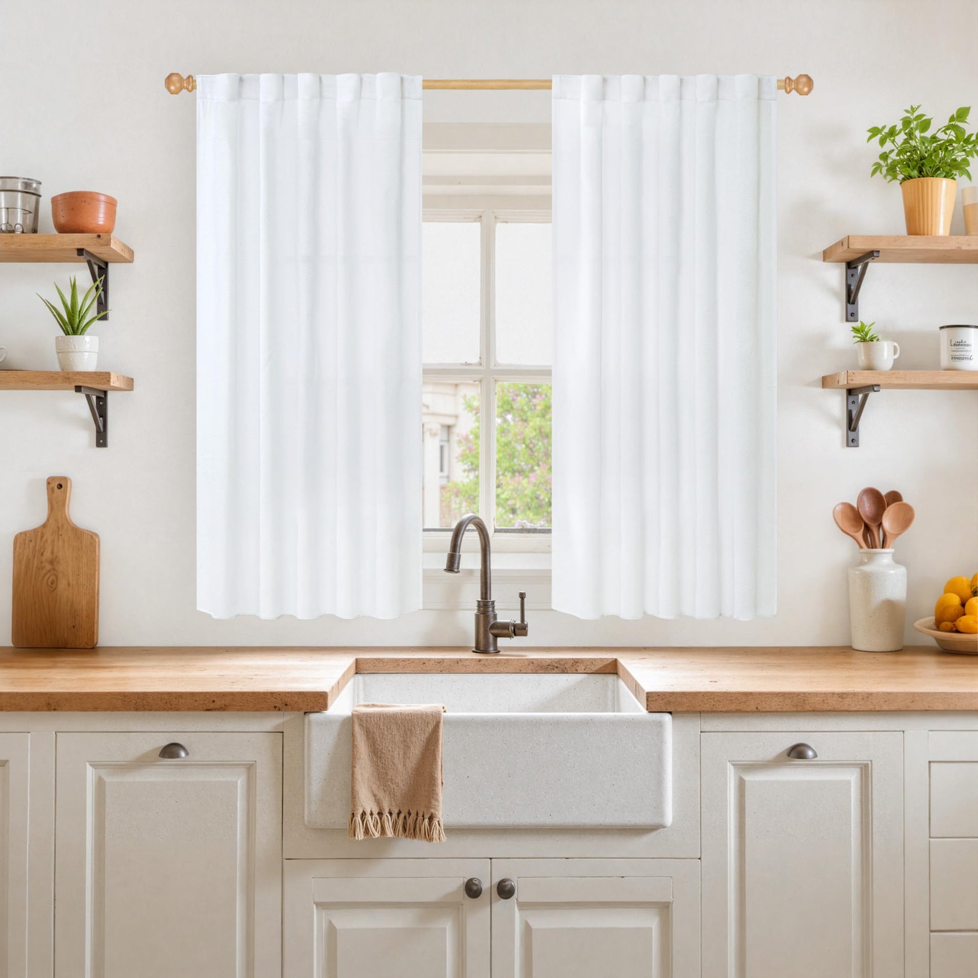 Short White Linen Curtains 45 Inch Length 2 Panels for Window (2 Count)