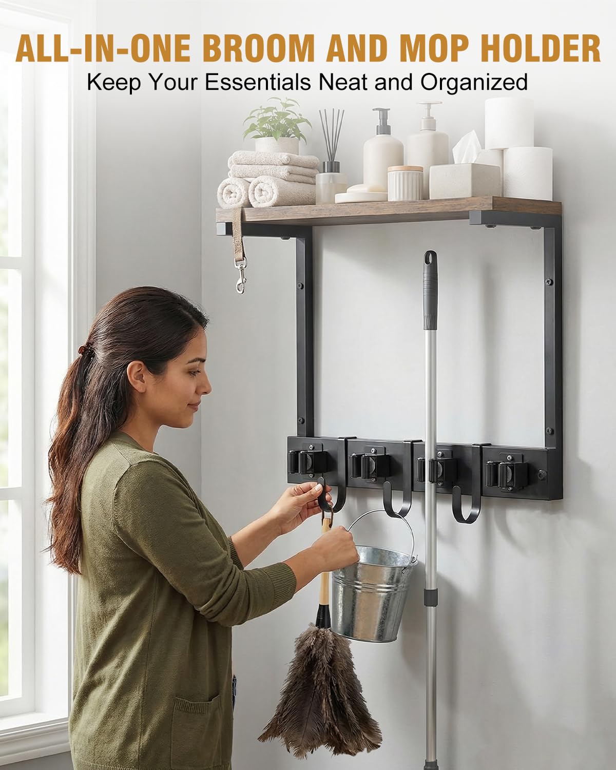 Small Broom Holder Wall Mount with Shelf