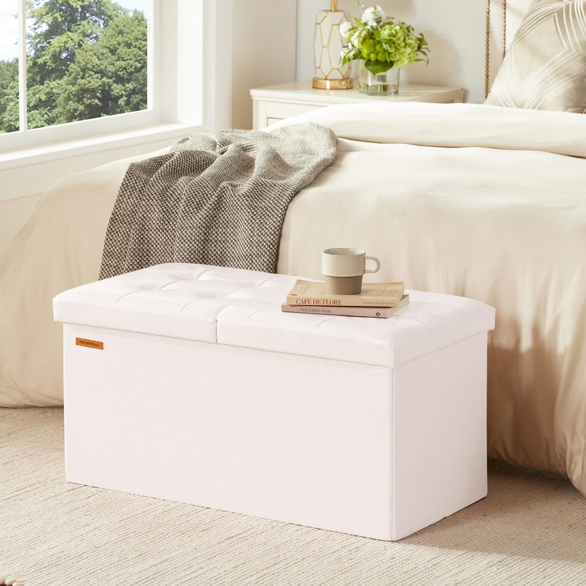 Ottoman with Storage Bench Folding Foot Rest Stool White