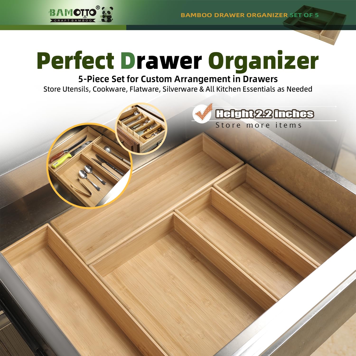 Stackable Bamboo Drawer Organizer Set of 5 for Kitchen (5 Count)