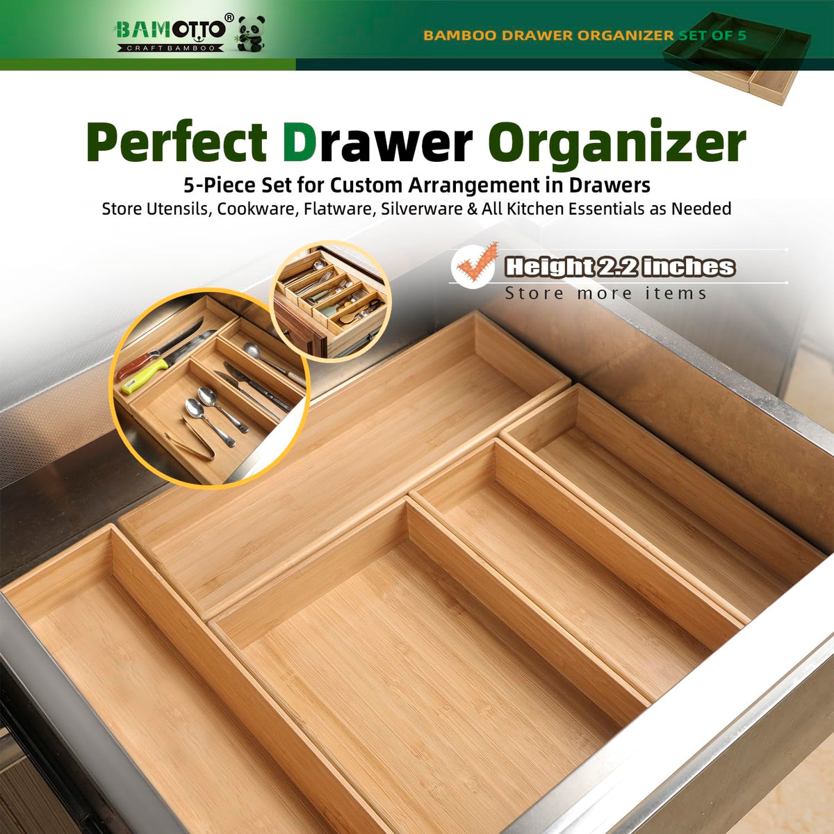 Stackable Bamboo Drawer Organizer Set of 5 for Kitchen (5 Count)