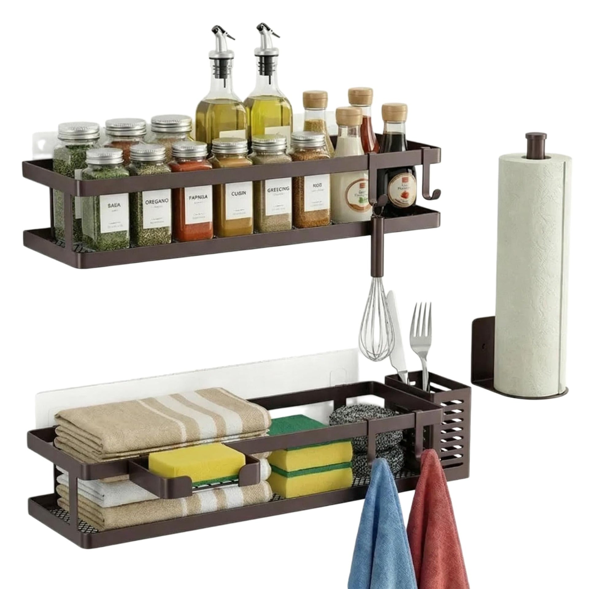 5-in-1 16.5" Extra Long Kitchen Organizer & Shower Caddy Set, Wall Mount Spice Rack with Paper Towel Holder, Utensil Holder & Soap Dish, Rustproof Mesh Storage Rack, Vintage Bronze, Guardrail