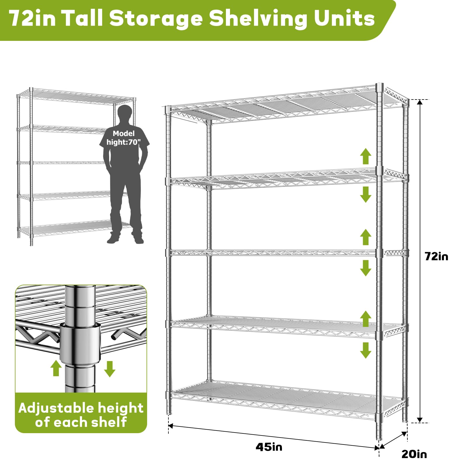 45" W x 20" D x 72" H Heavy Duty Wire Shelving Unit