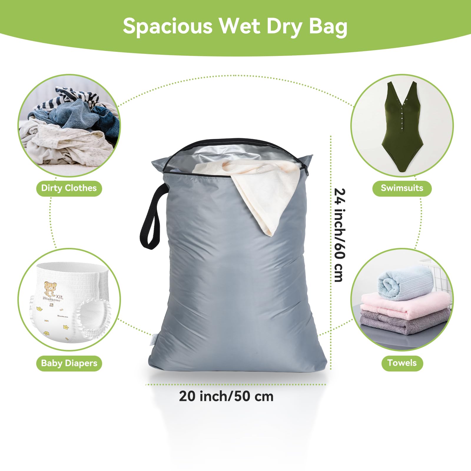 2PCS Large Wet Bag 20x24 inch Waterproof Bag for Swimsuit Reusable Wet Dry Bag With Portable Handle Wet Clothes Storage Gym Bag for Beach Pool Drying do not exceed 176℉ Black & Grey (2 Count)