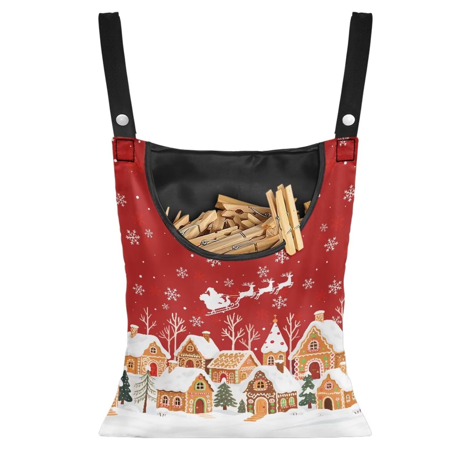 Red Christmas Village Laundry Clothespin Bags Hanging Storage Organizer 12 x 14.5 Inch Clothes Pin Bag Waterproof Clothespin Bag Clothespins Holder Large Opening and Hanging Rope