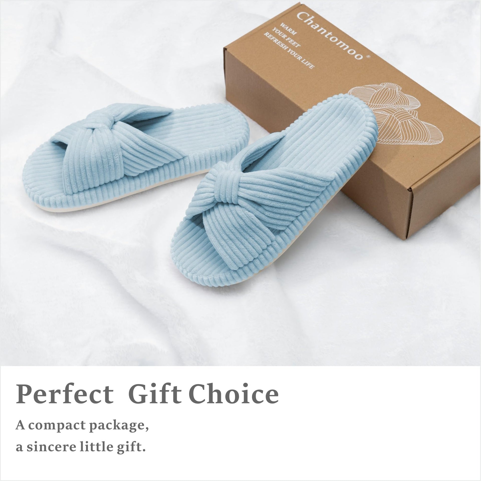 Slippers for Women Memory Foam House Bedroom Corduroy Bow Crossbands Slipper Shoes Comfy Trendy Gift Slippers Light Blue Size 9 10 8.5