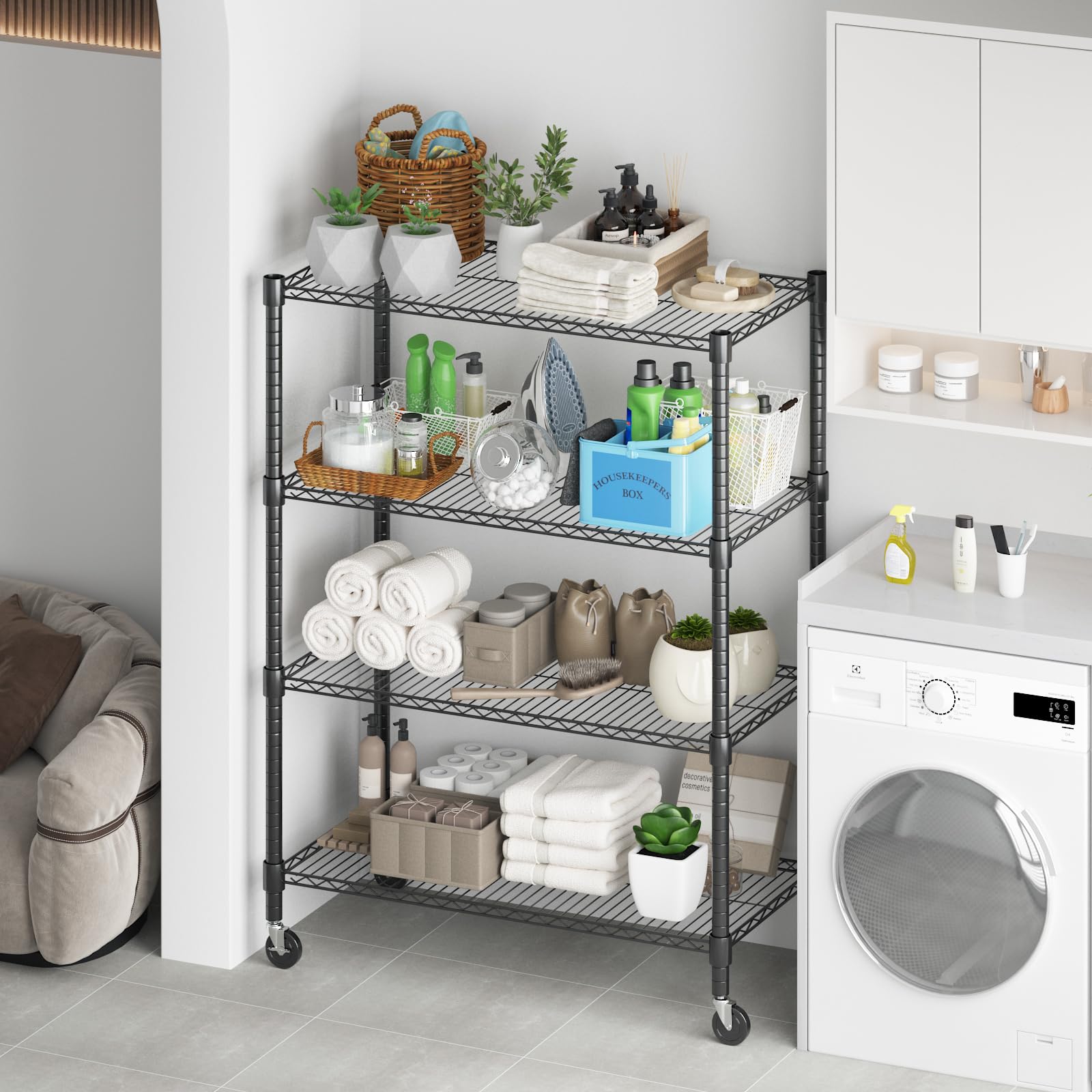 18" D×36" W×72" H Storage Shelves with Wheels Metal Wire Shelving Unit 4 Tier Adjustable Shelving Heavy Duty Garage Shelf Organizer Rack Loads 1600LBS