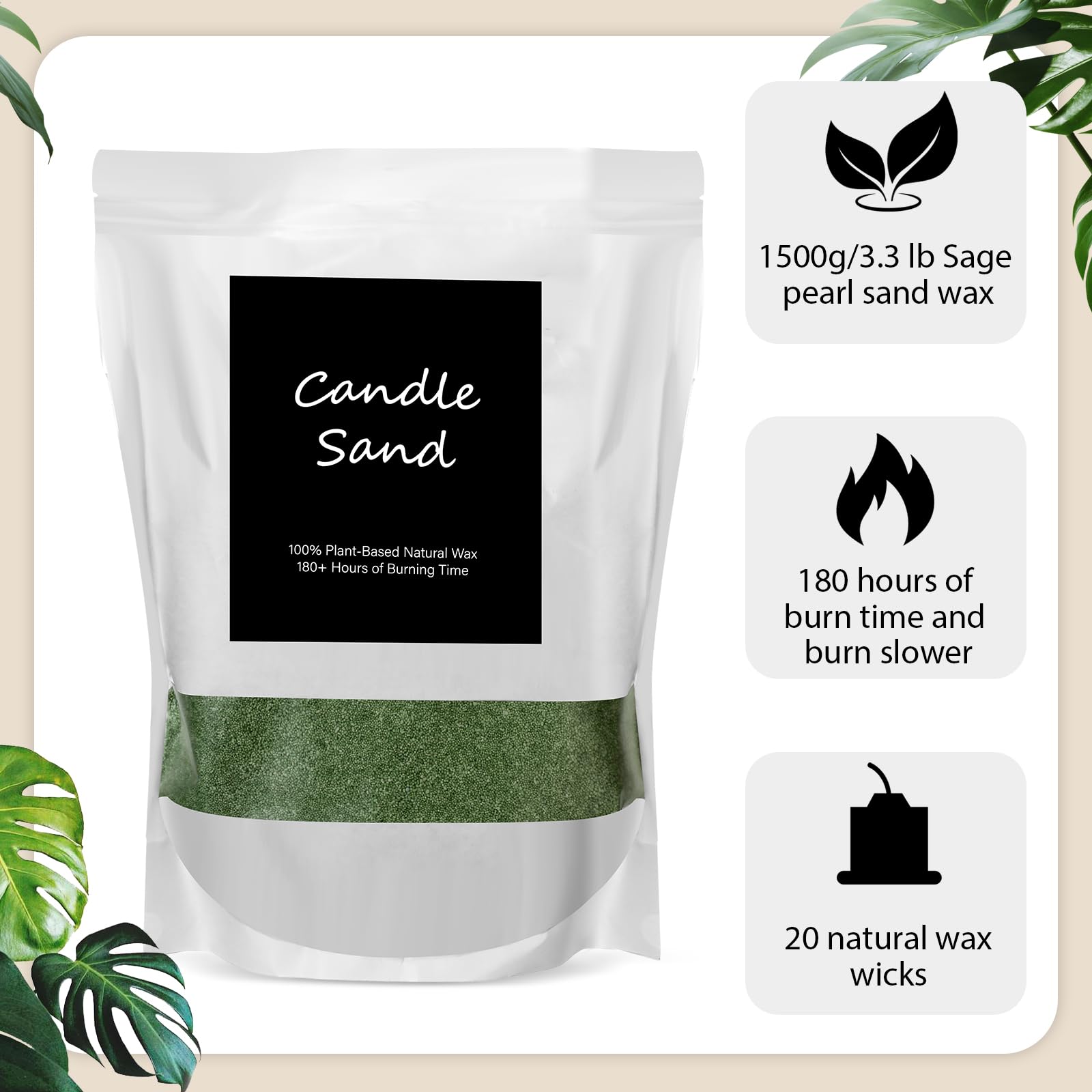 Candle Sand 3.3 lb DIY Pearled Candle Making Kit Included 20 Pcs Wicks and Refillable Beaded Wax Sand Beaded Wax Gift with Wicks Self Extinguish for Home Wedding Party Women (21 Count)