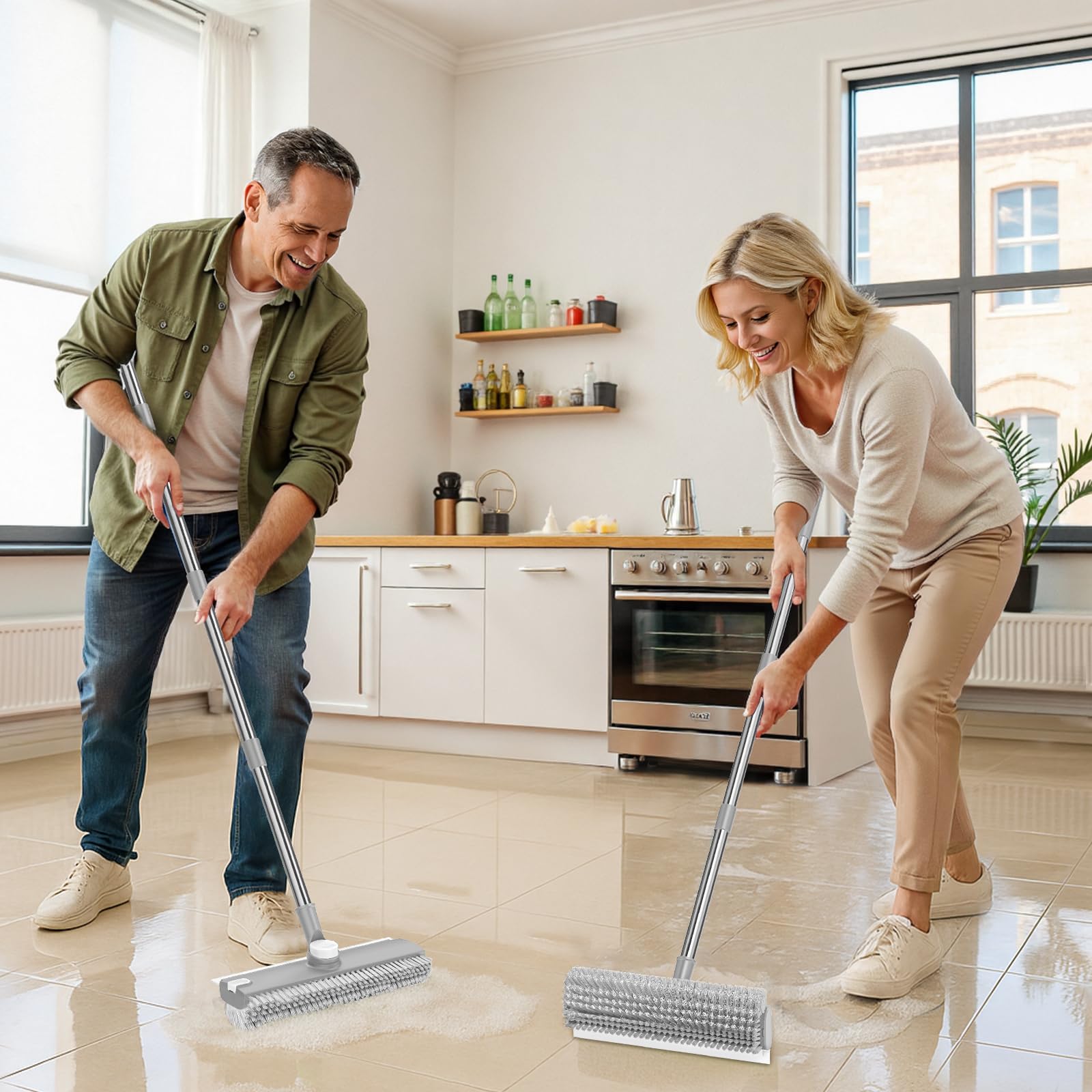 3 in 1 Floor Scrub Brush with Long Handle & Squeegee