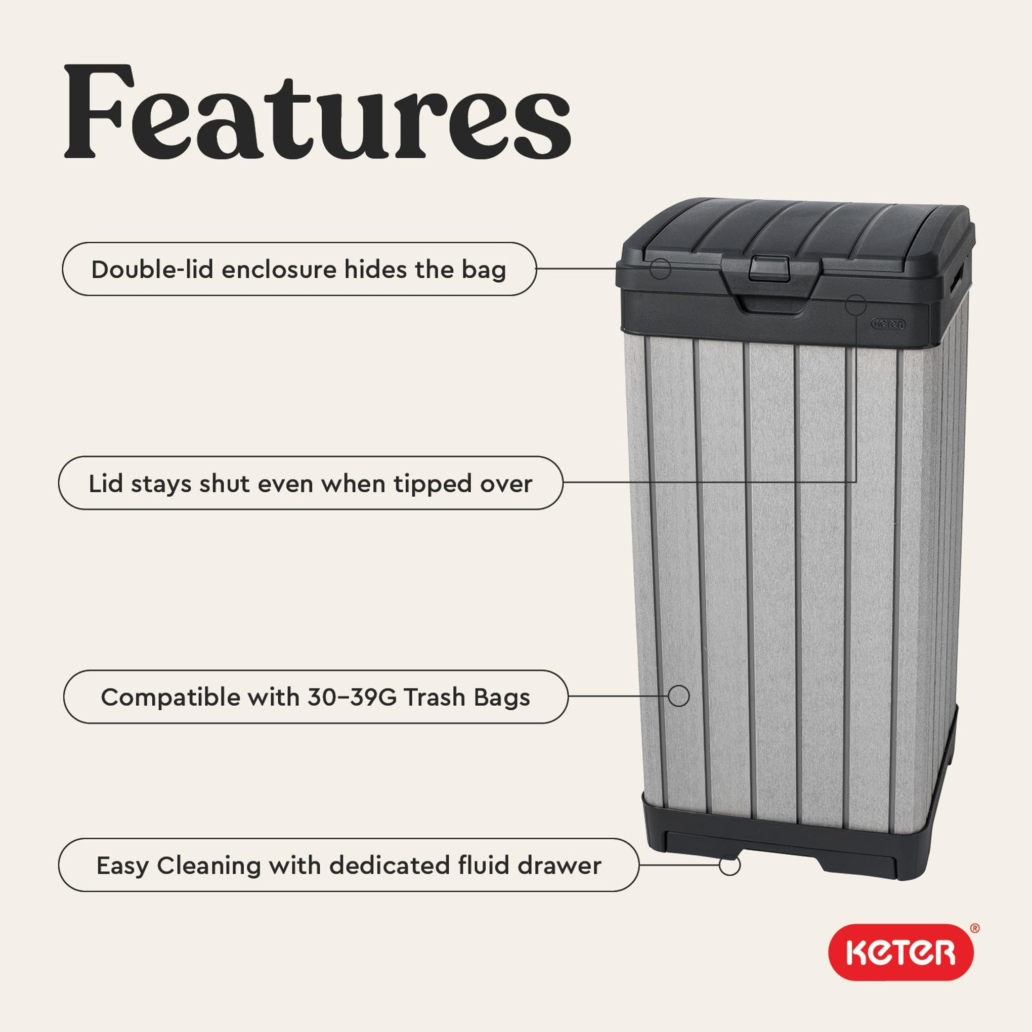 Rockford Resin 38 Gallon Outdoor Kitchen Trash Can with Lid and Drip Tray for Easy Cleaning