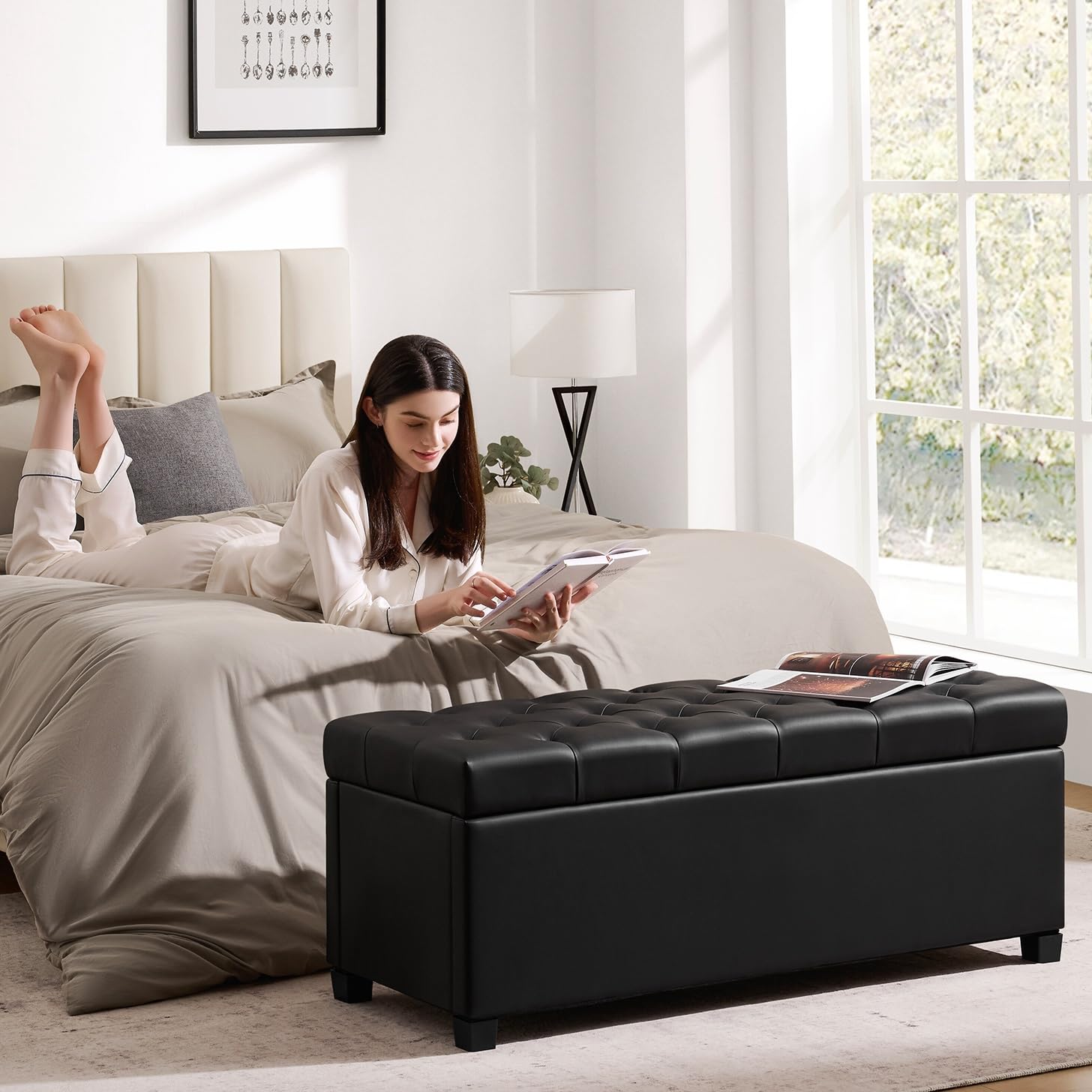 Leather Storage Ottoman Bench for Bedroom