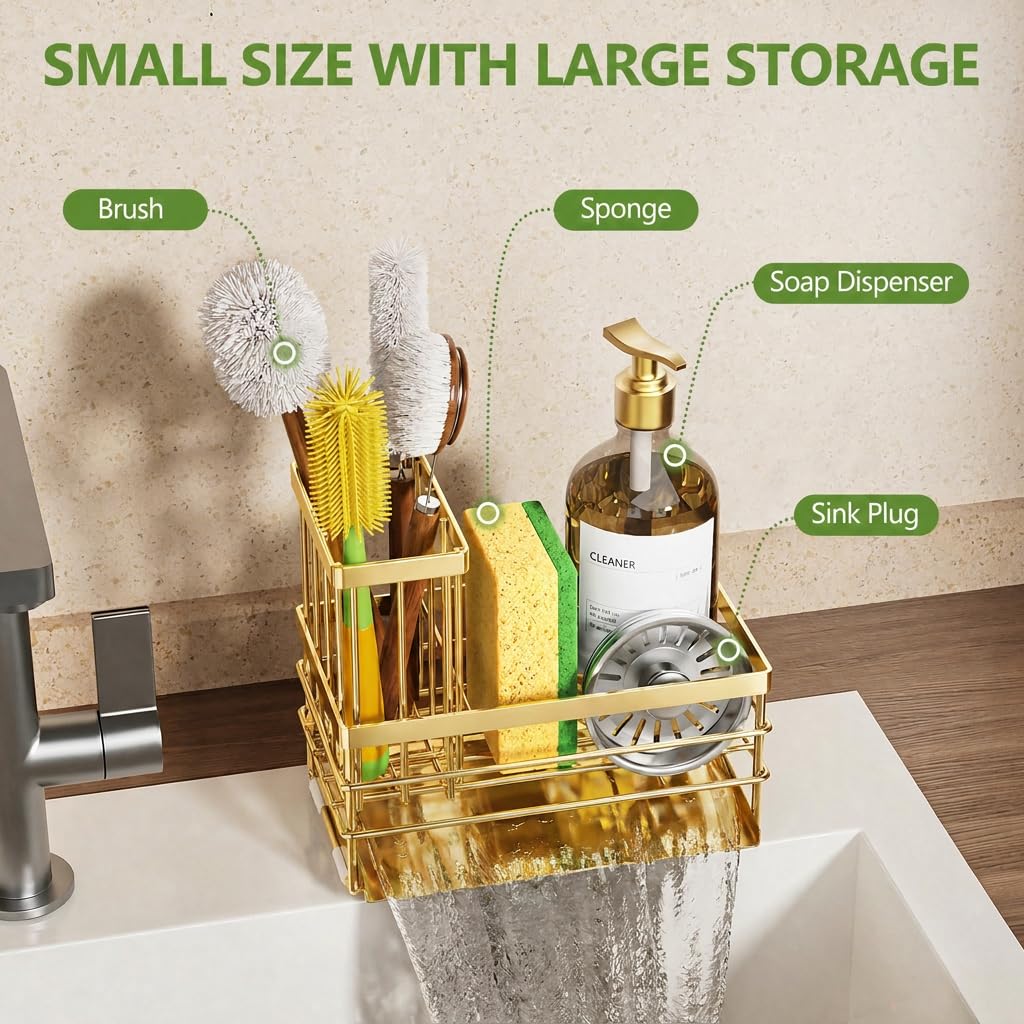 Gold Sink Caddy Sponge Holder for Kitchen with Brush Holder and Stainless Steel Self Drain Tray