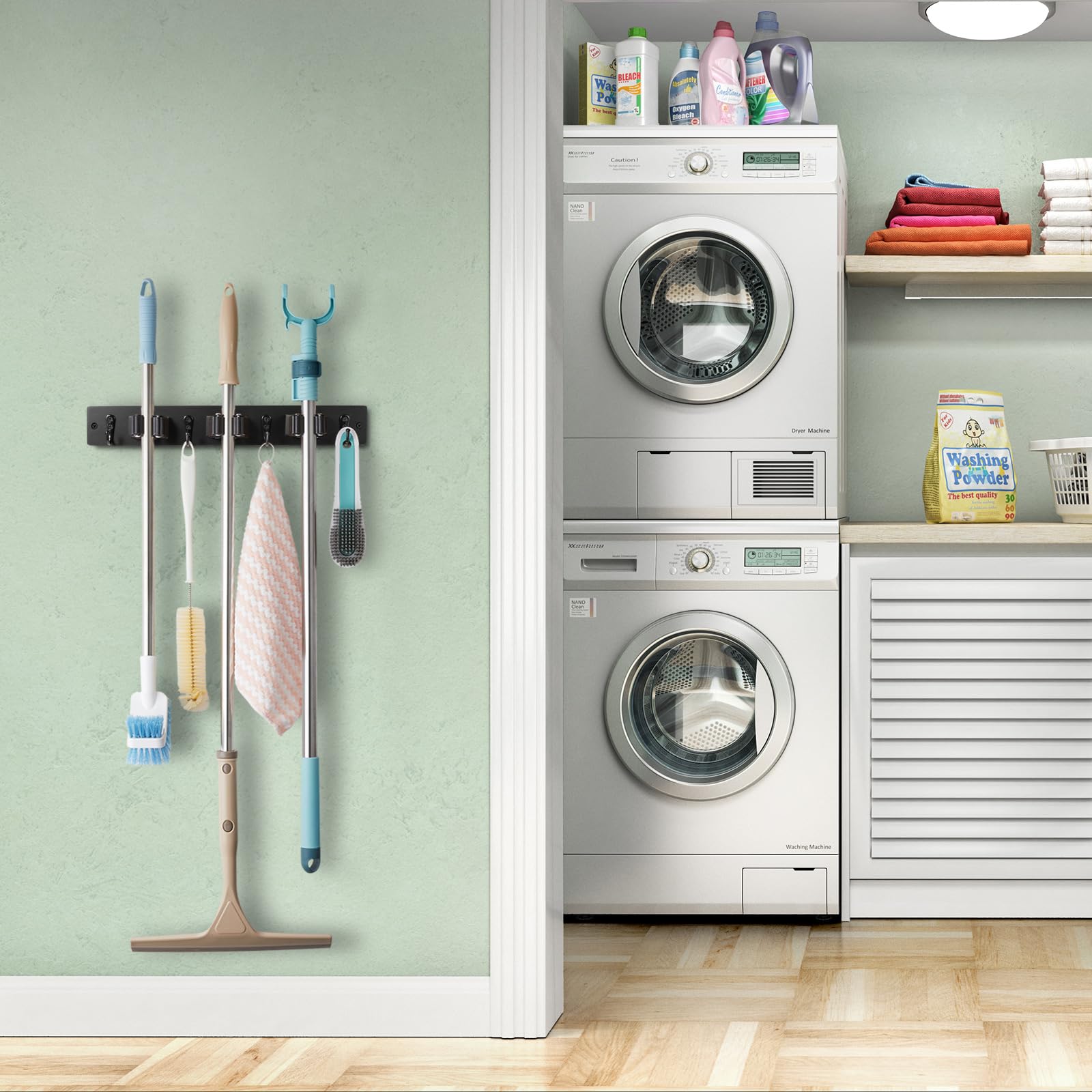 Black Mop Broom Holder Wall Mount with 3 Slots & 4 Hooks