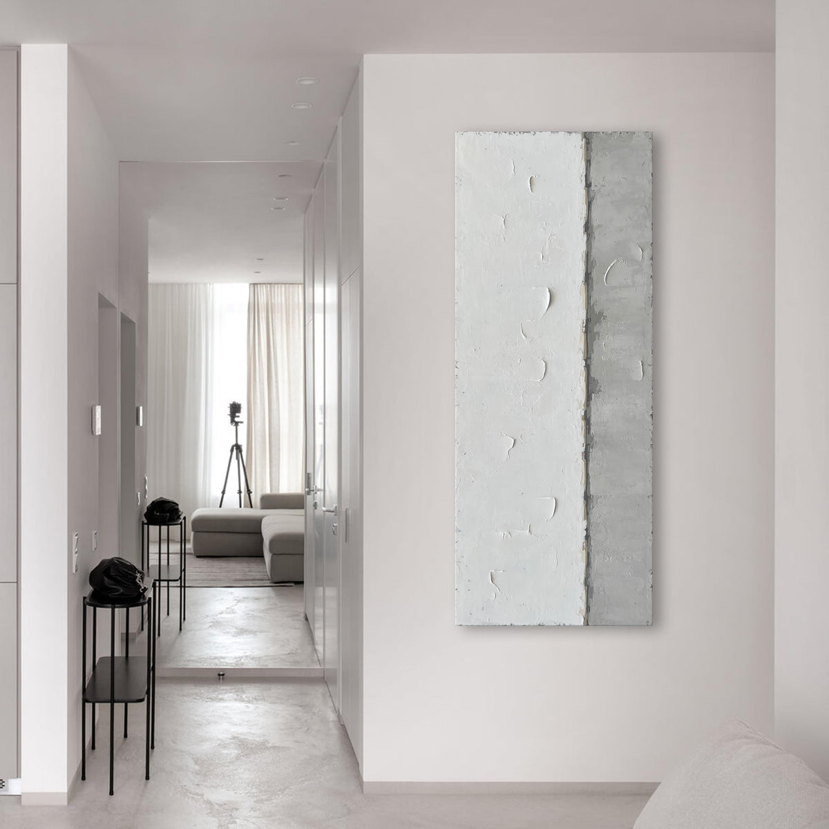 Art A large modern art painting in a minimalist grey and white style