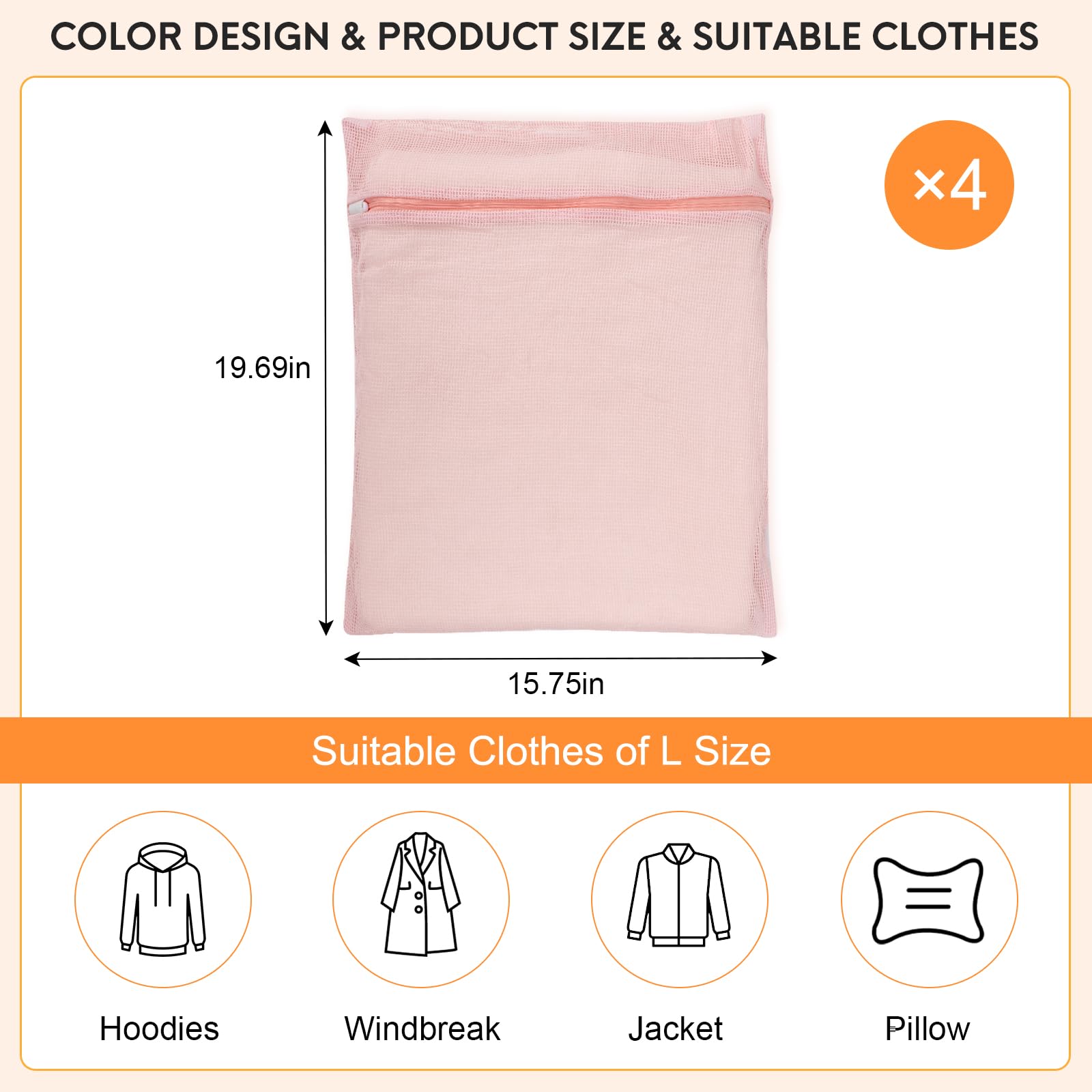 4 Piece Pink Large Durable Organic Cotton Mesh Laundry Bags with Sturdy Zippers and Breathable Mesh are Delicate Laundry Bags for Underwear