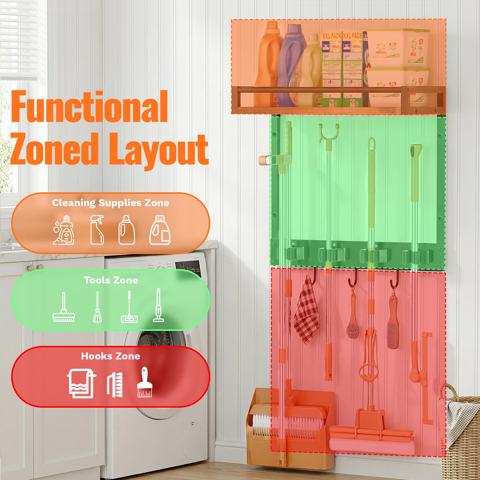 Broom Holder Wall Mount with Shelf