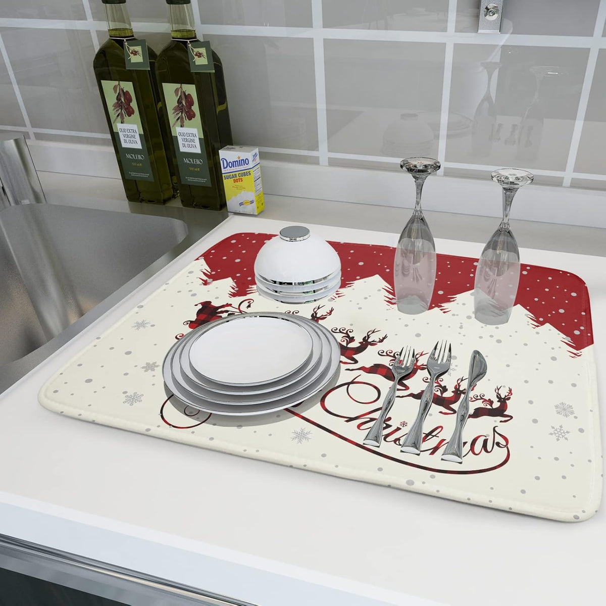 Christmas Moose Dish Drying Mat 16x18 Inch Cute Christmas Elk Drying Mat for Kitchen Counter Xmas Winter Santa Claus Absorbent Reversible Microfiber Dishes Pad Dish Drainer Mats Kitchen Accessories