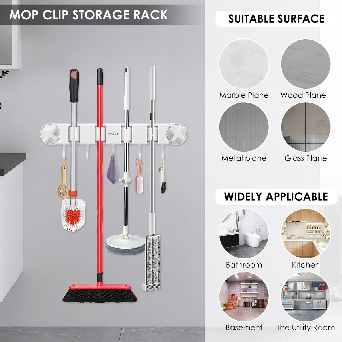 Broom Holder Wall Mount Sturdy Mop and Broom Organizer with 4 Racks and 5 Hooks Vacuum Suction Cup Broom Mop Holder for Home