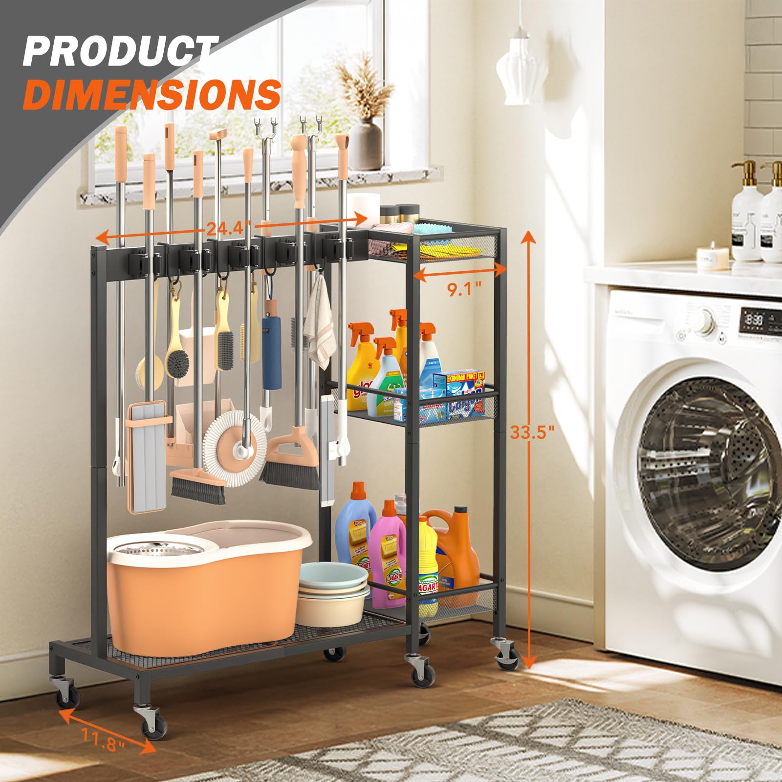 Broom Holder with Cleaning Supplies Organizer