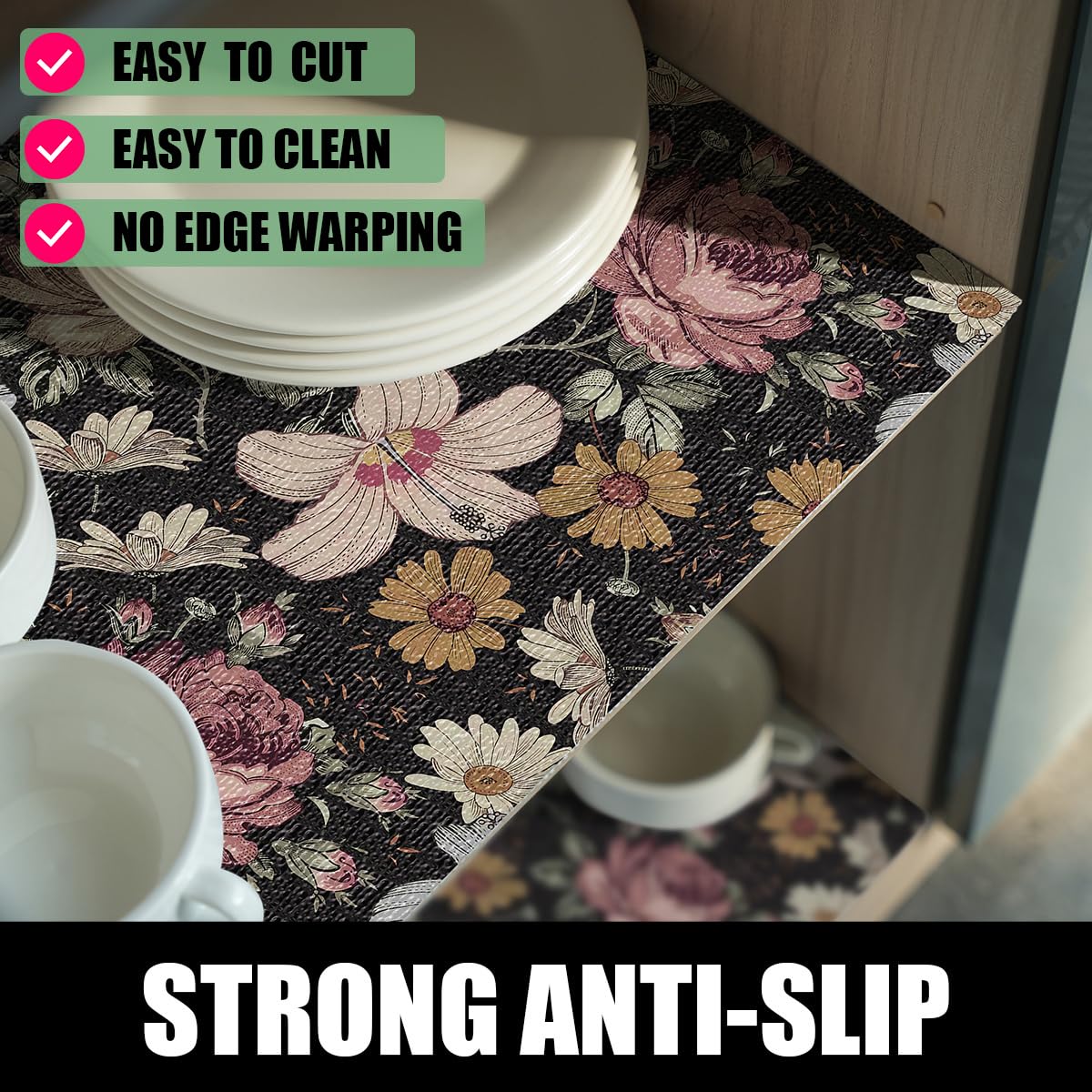 Black Retro Floral Shelf Drawer Liner for Kitchen 12IN x 20FT (19.36 Sq Ft)
