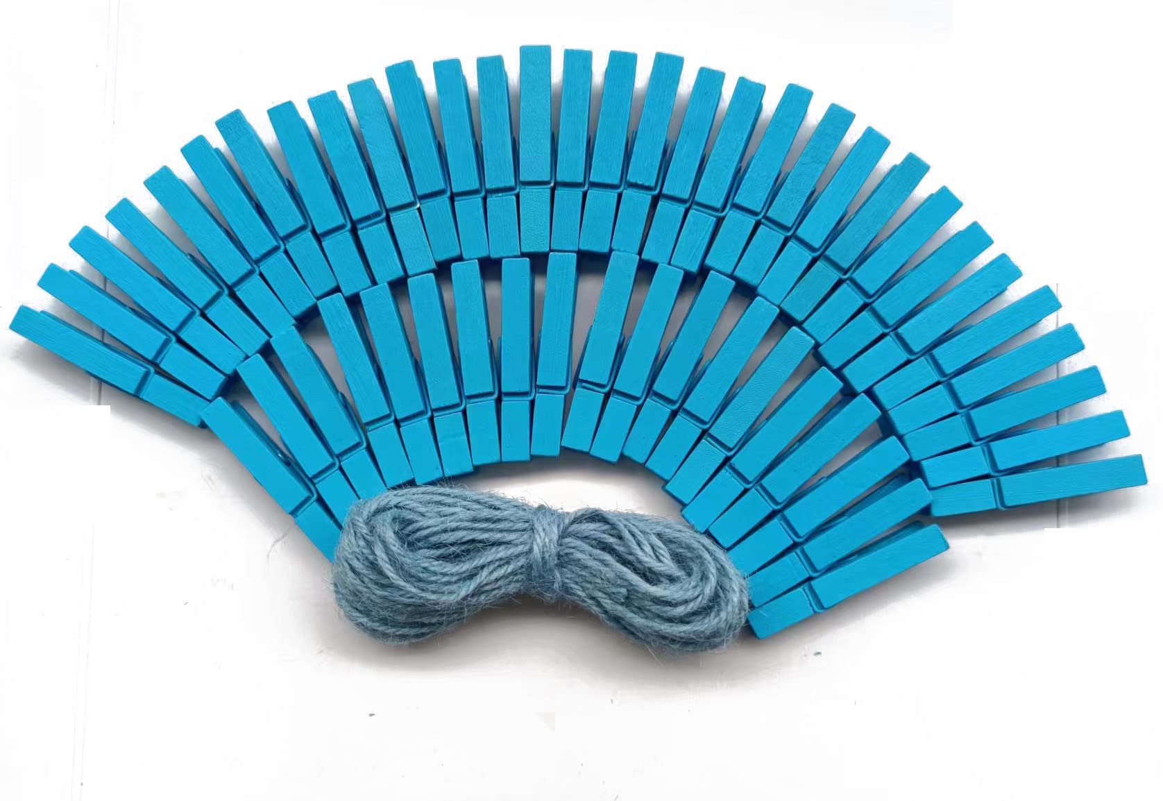 1.9" Wooden Clothespins Hanging Clothes Pins Clip Photo Holder DIY Gift Festive Party Decor with Bright Blue Jute Twine Pack 50 (50 Count)