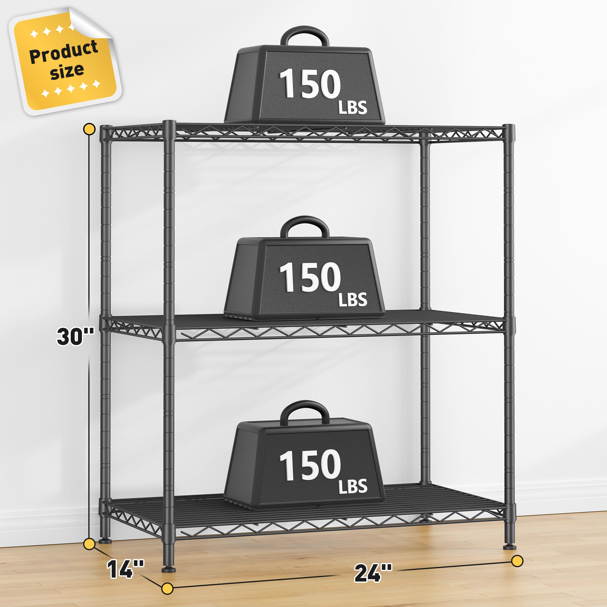3 Tier 450LBS Adjustable Wire Shelving Unit for Kitchen