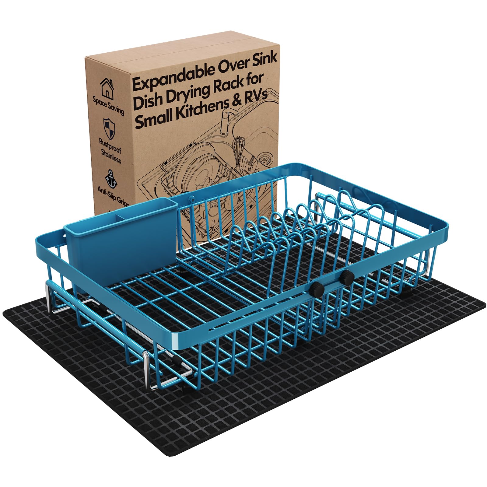 Blue Dish Drying Rack Over The Sink with Utensil Holder