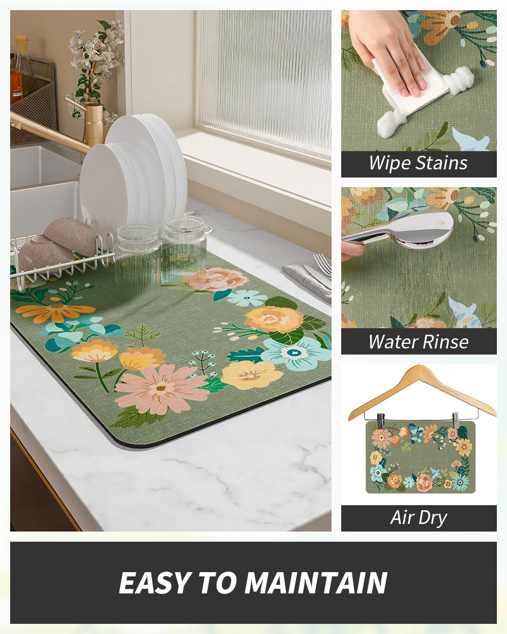 Coffee Mat Hide Stain Rubber Backed Absorbent Dish Drying Mat for Kitchen Counter