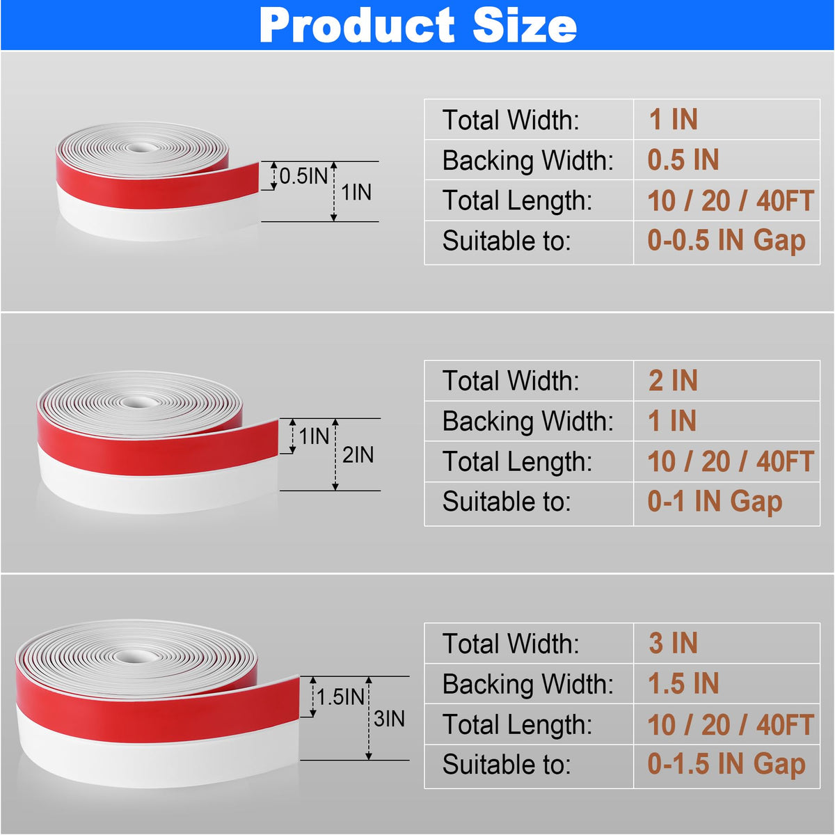 Weather Stripping Silicone Door Seal Strip 3 in x 40 ft Door Draft Stopper Self Adhesive Door Draft Tape (40 Foot)