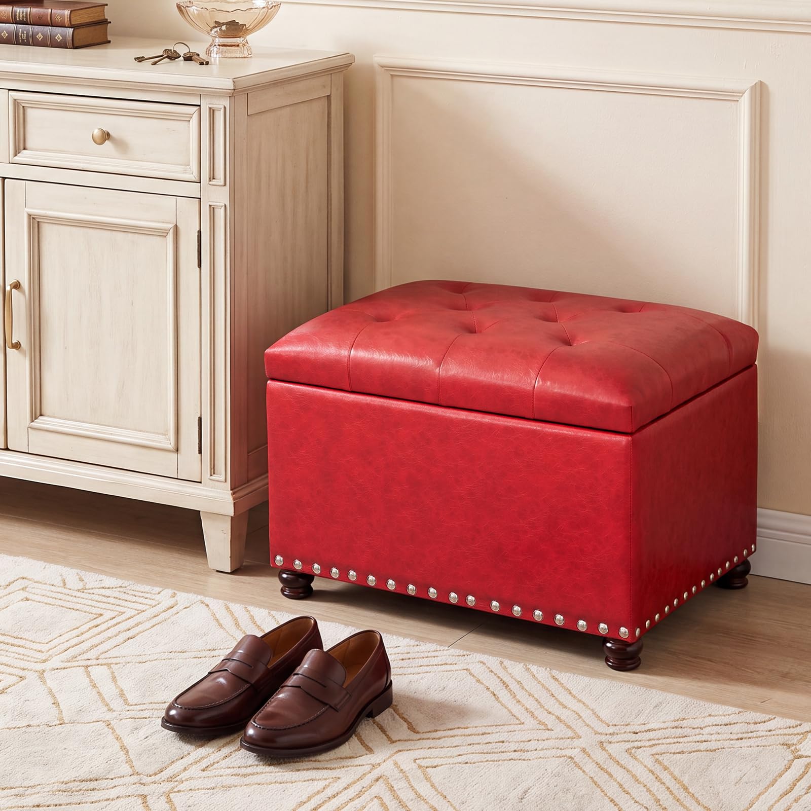 24'' Leather Storage Ottoman Rectangular Foot Rest Stool with Nailhead Trim for Bedroom Living Room