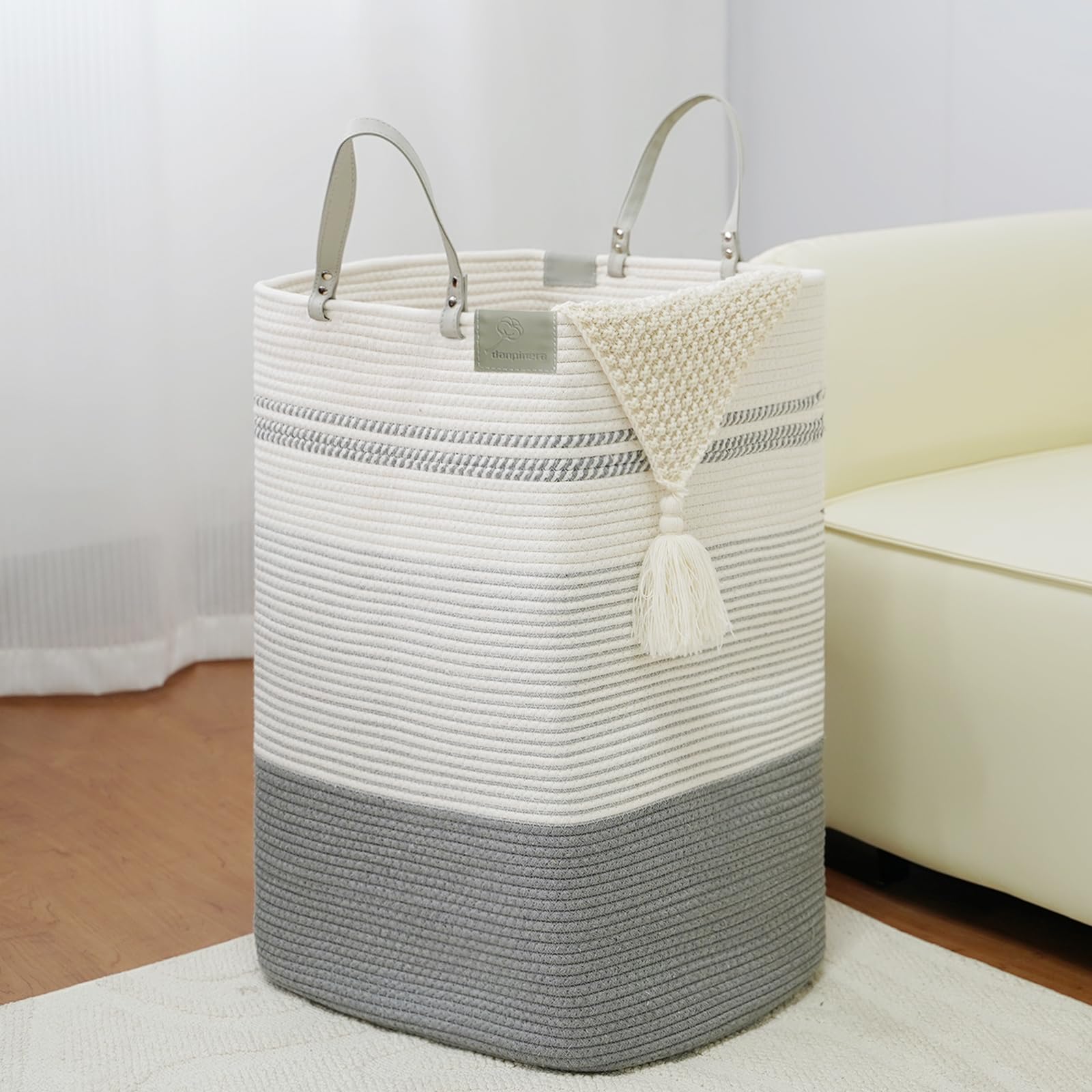 75L Woven Laundry Hamper with Long Leather Handles (67.2 Ounce)