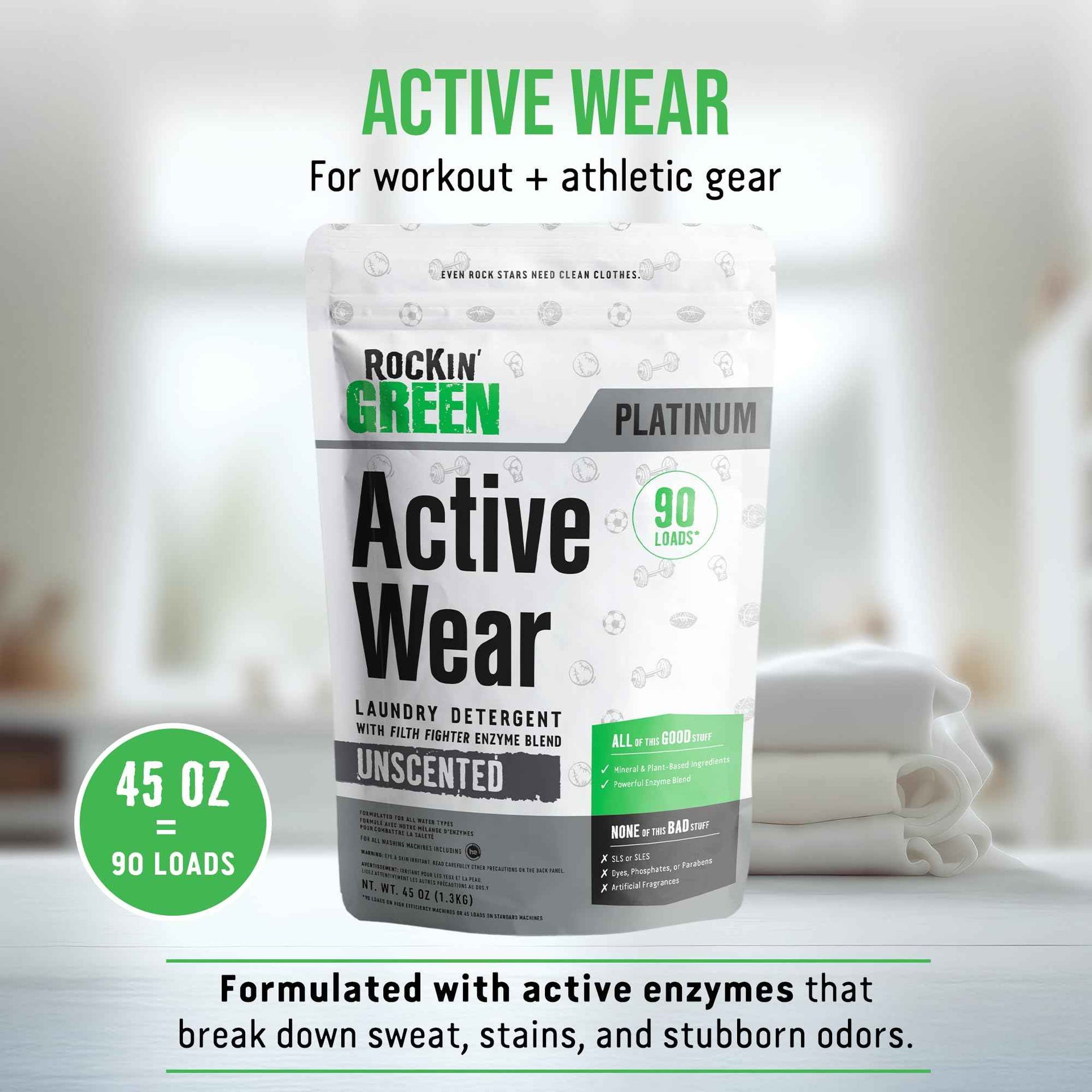 Active Wear Laundry Detergent Powder & Odor Eliminator for Sportswear & Workout Clothes (45 Ounce)