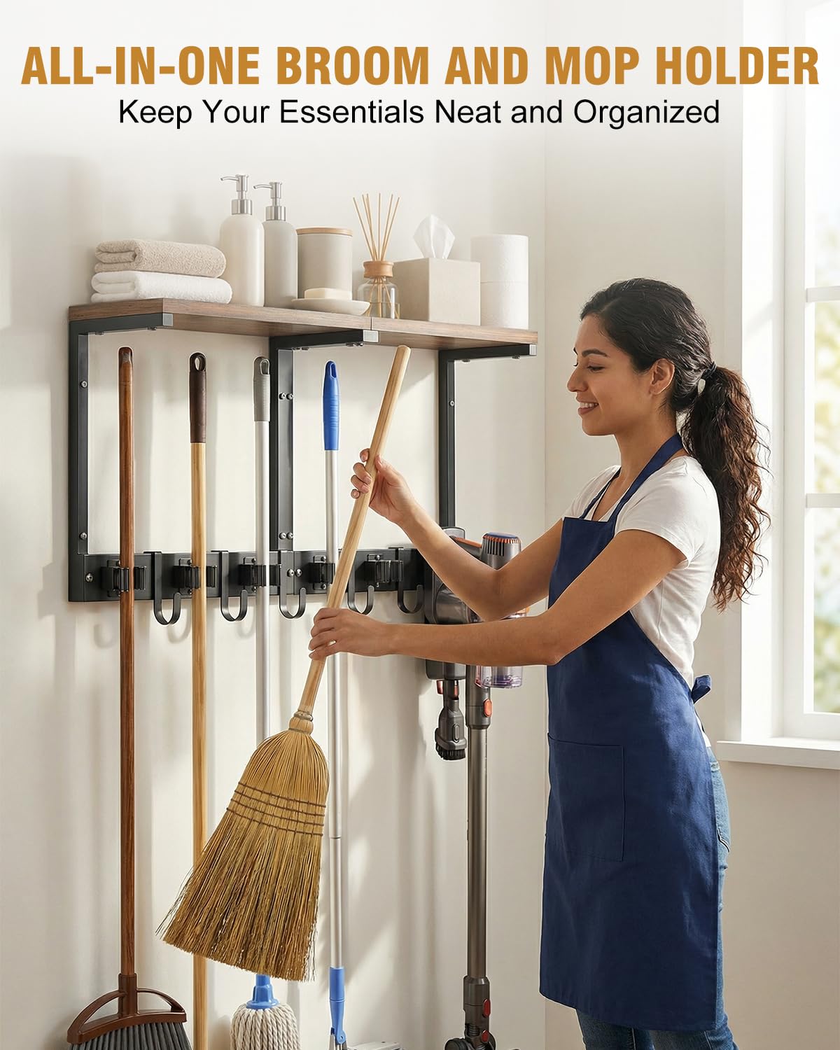 Large Broom Holder Wall Mount with Shelf