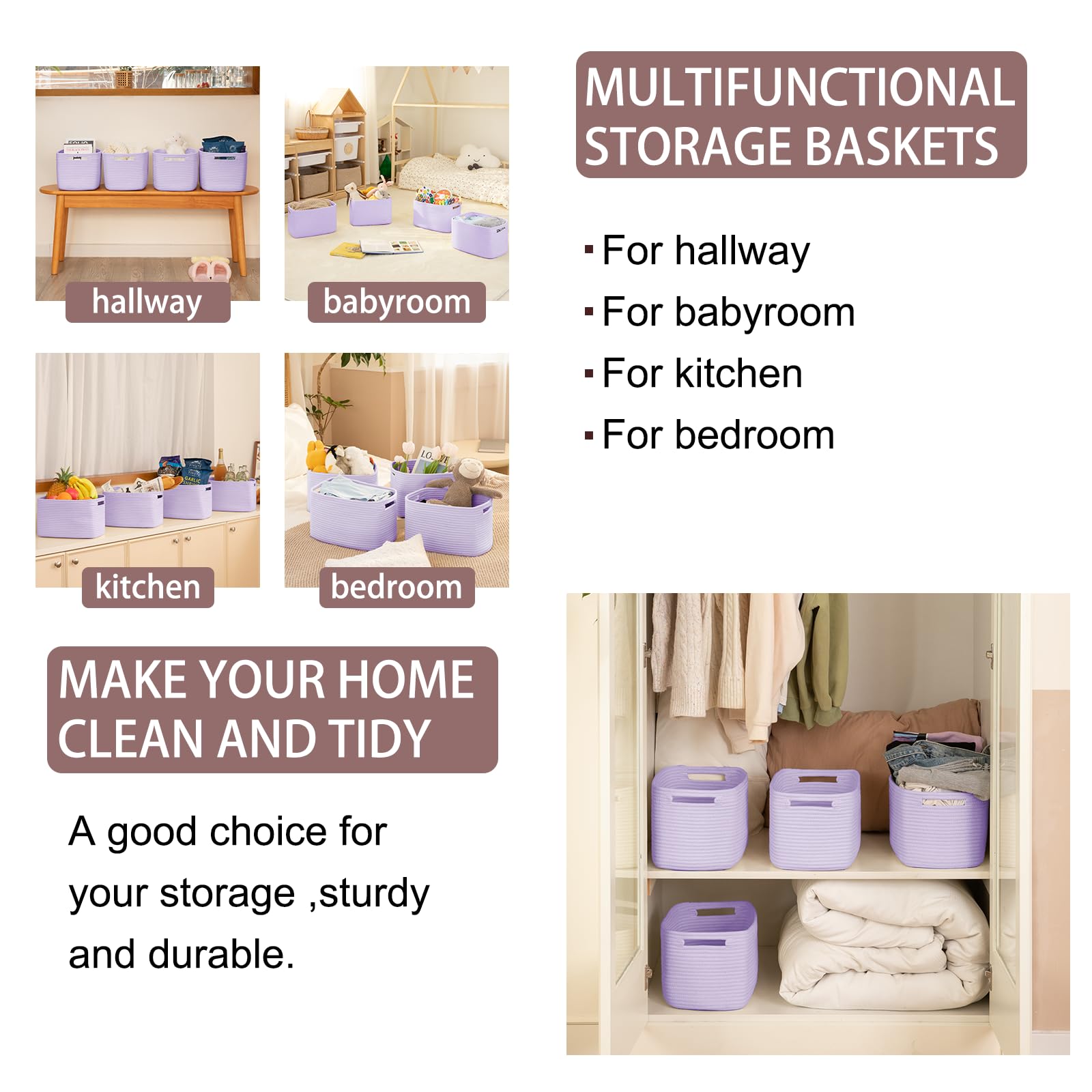 4 Pack Storage Baskets for Organizing 15L Cube Storage Bins Purple (4 Count)