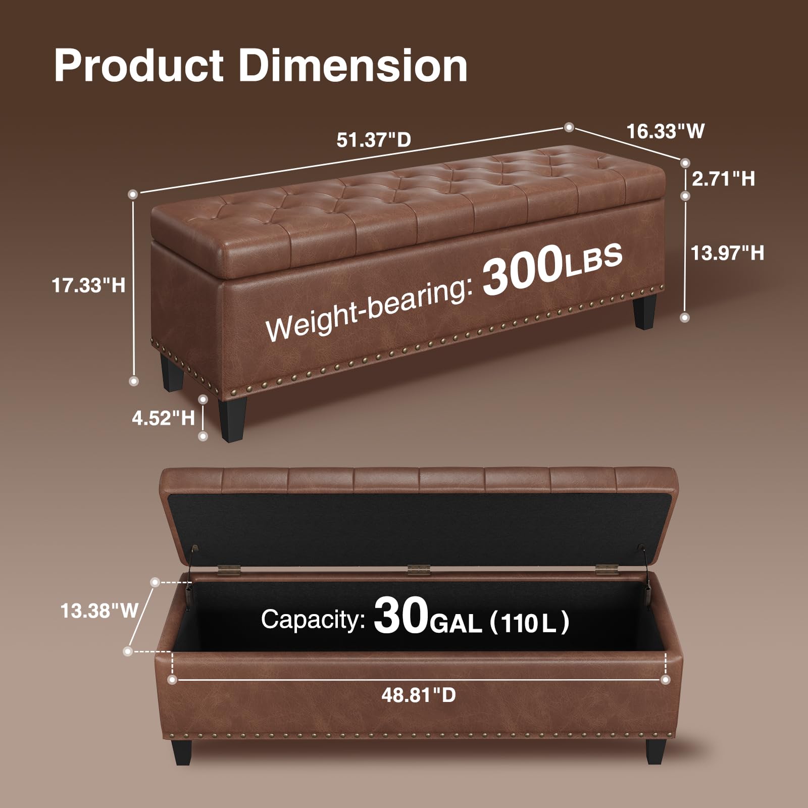 51 Inch Storage Ottoman Bench