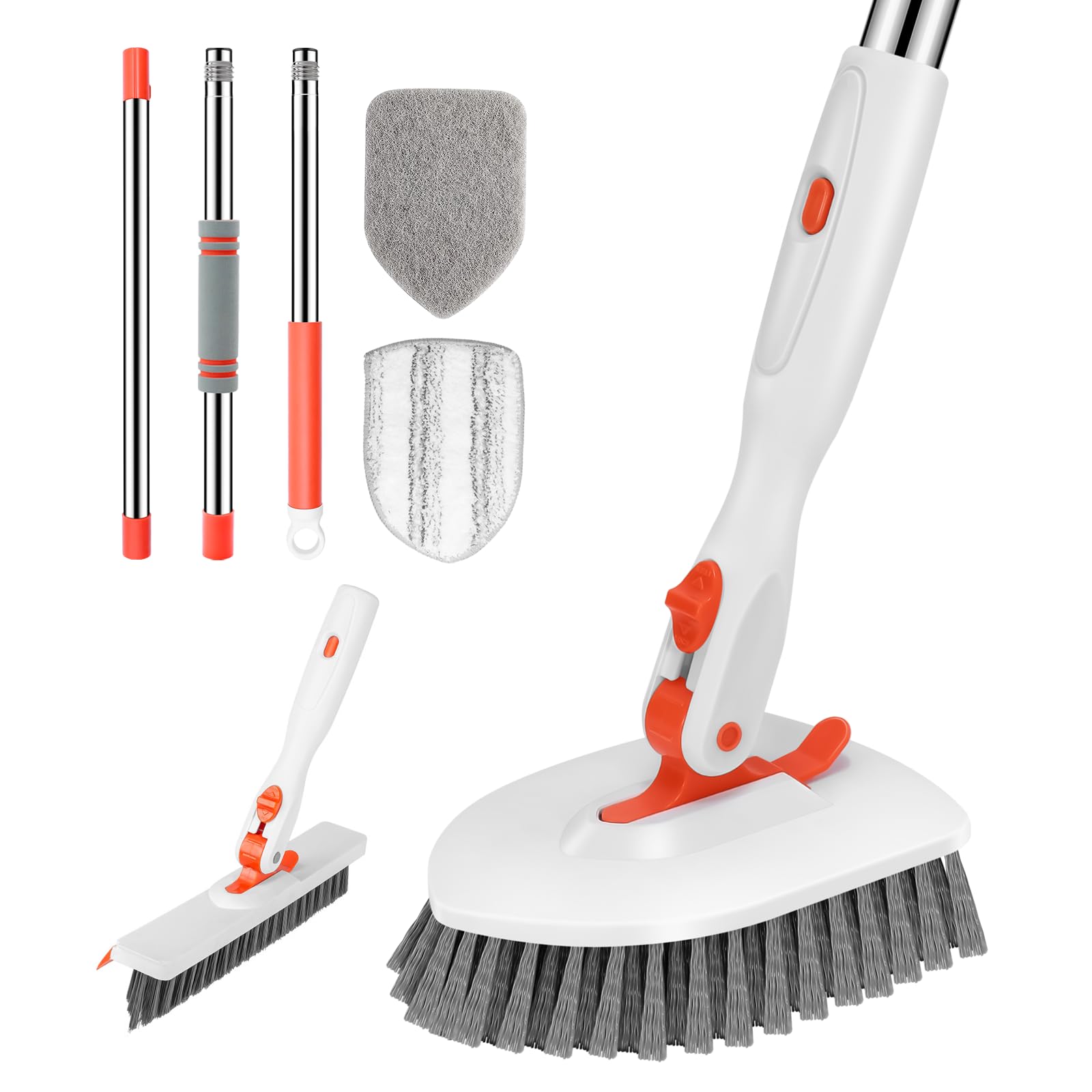 4-in-1 Tile Tub Floor Scrubber with V-Shaped Grout Brush, Orange