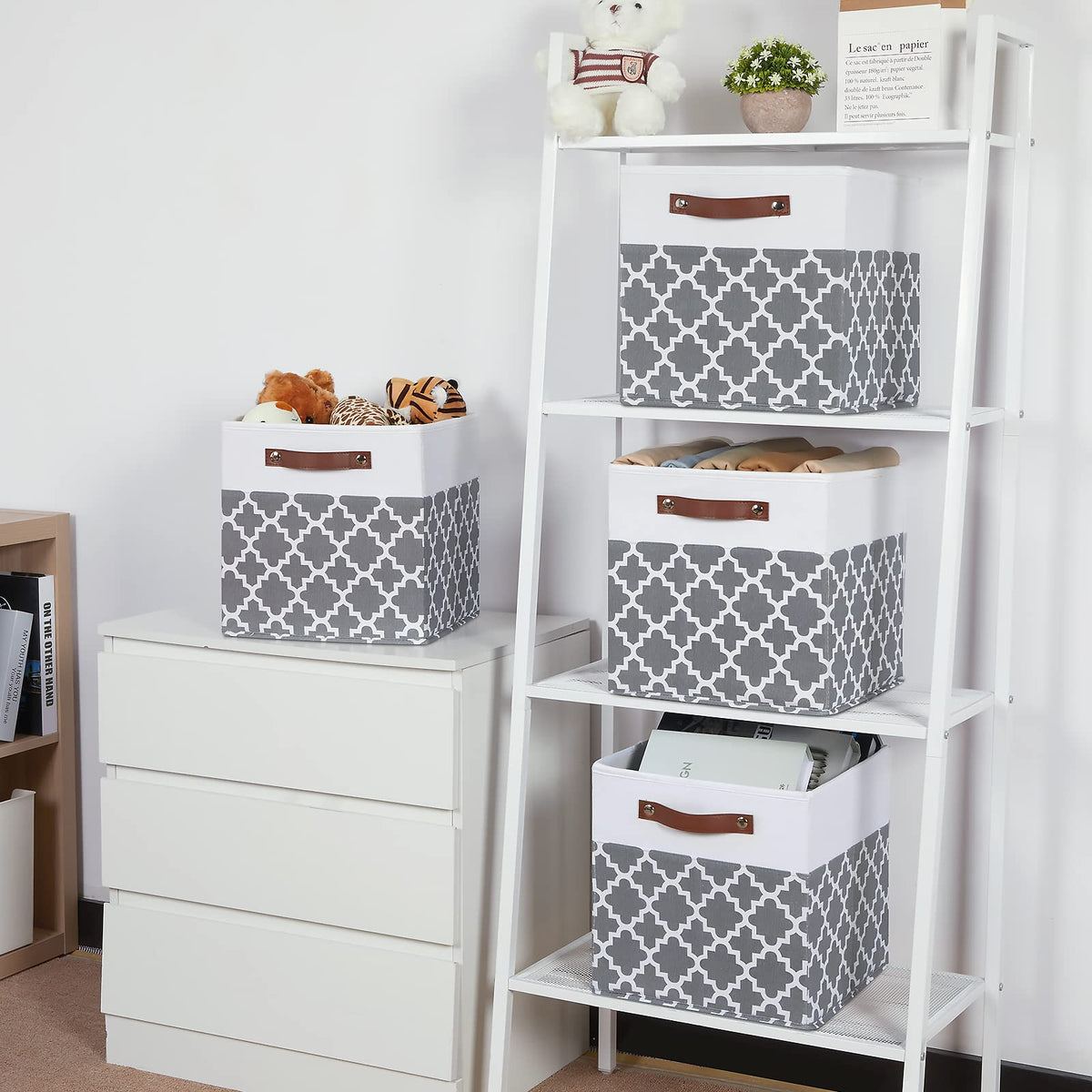 12x12x12 Fabric Storage Bins 4 Pack with Leather Handle