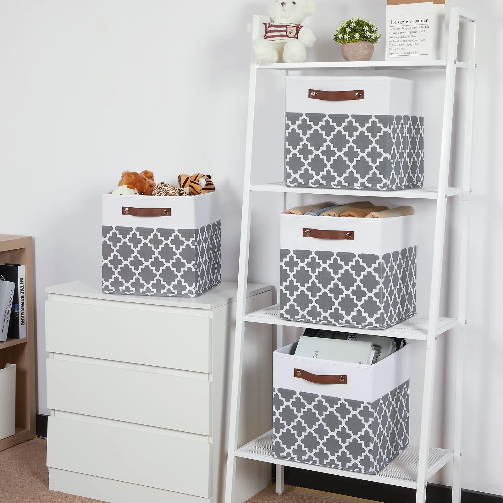 12x12x12 Fabric Storage Bins 4 Pack with Leather Handle