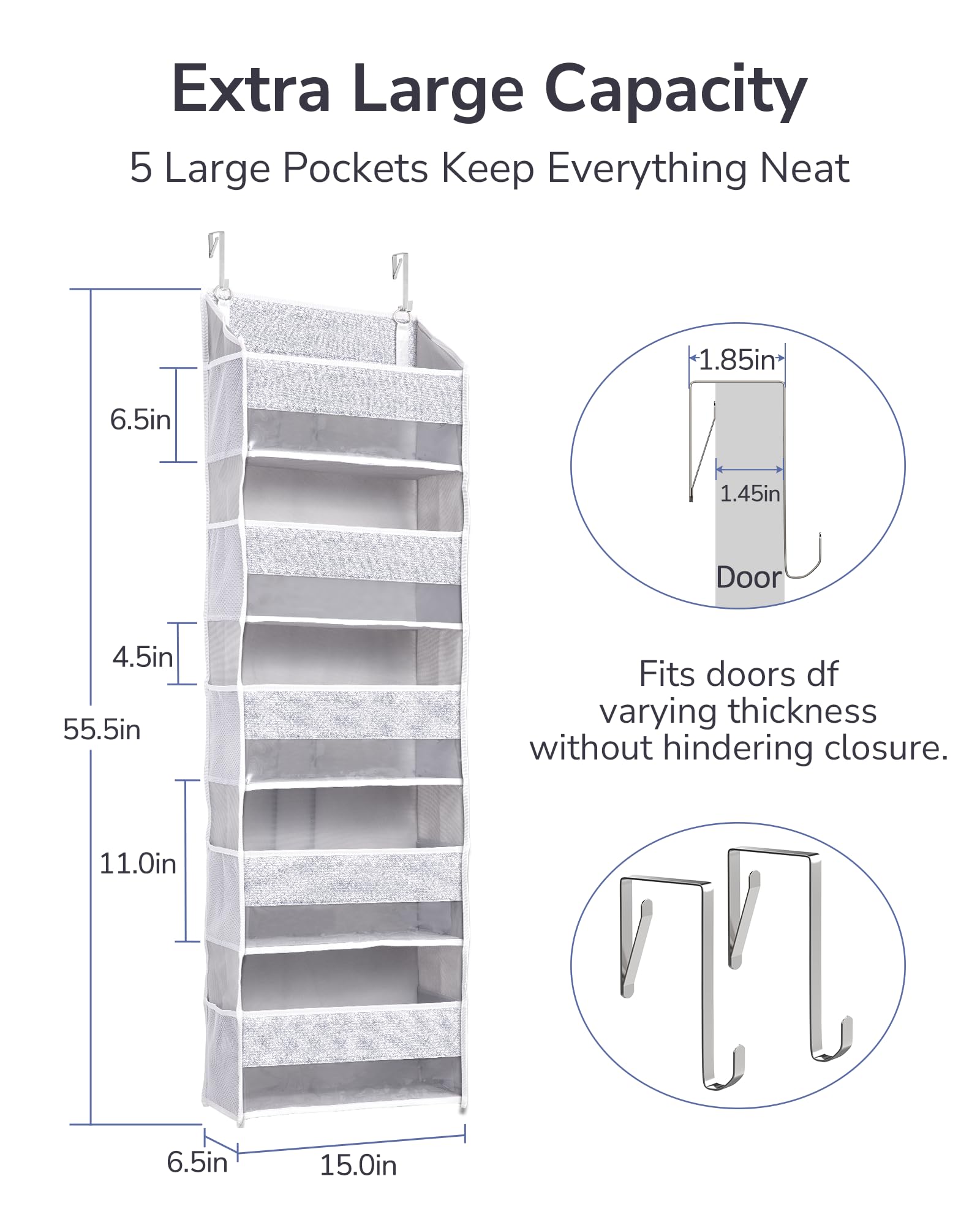 1 Pack Over Door Organizer with 5 Large Pockets 10 Mesh Side Pockets