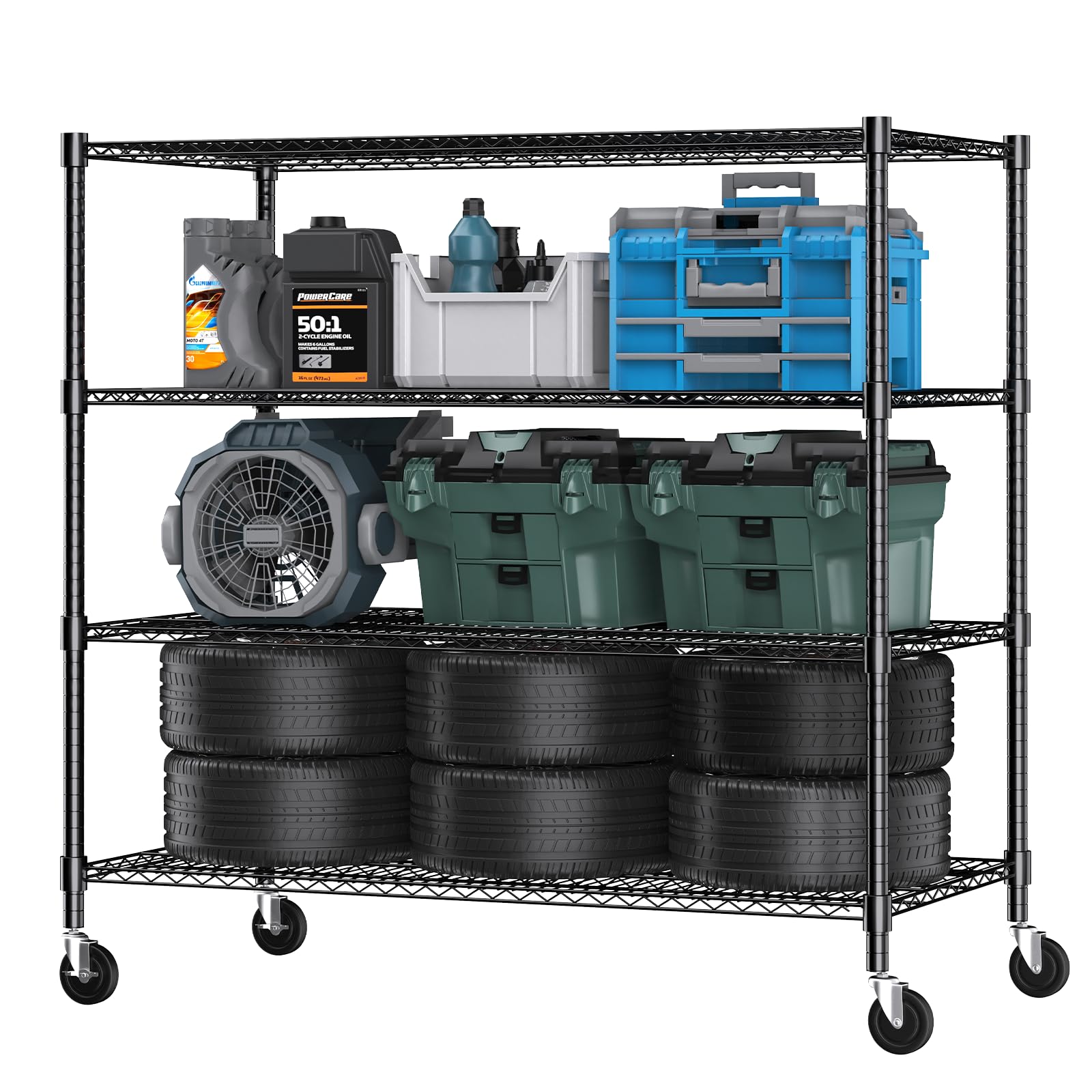 4 Tier Wire Shelving with Wheels Heavy Duty Height Adjustable Metal Shelves for Storage