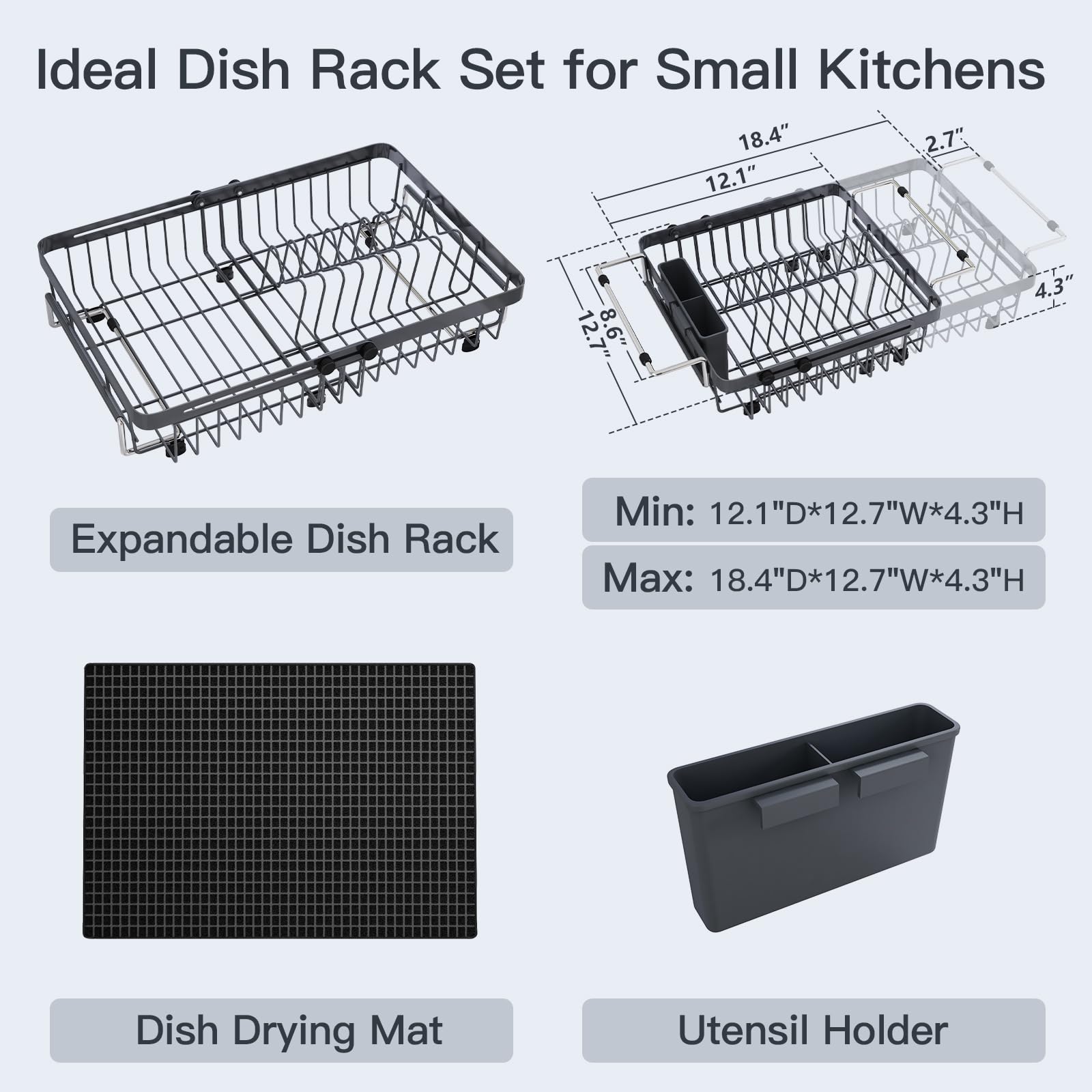 Grey Dish Drying Rack Over The Sink with Utensil Holder