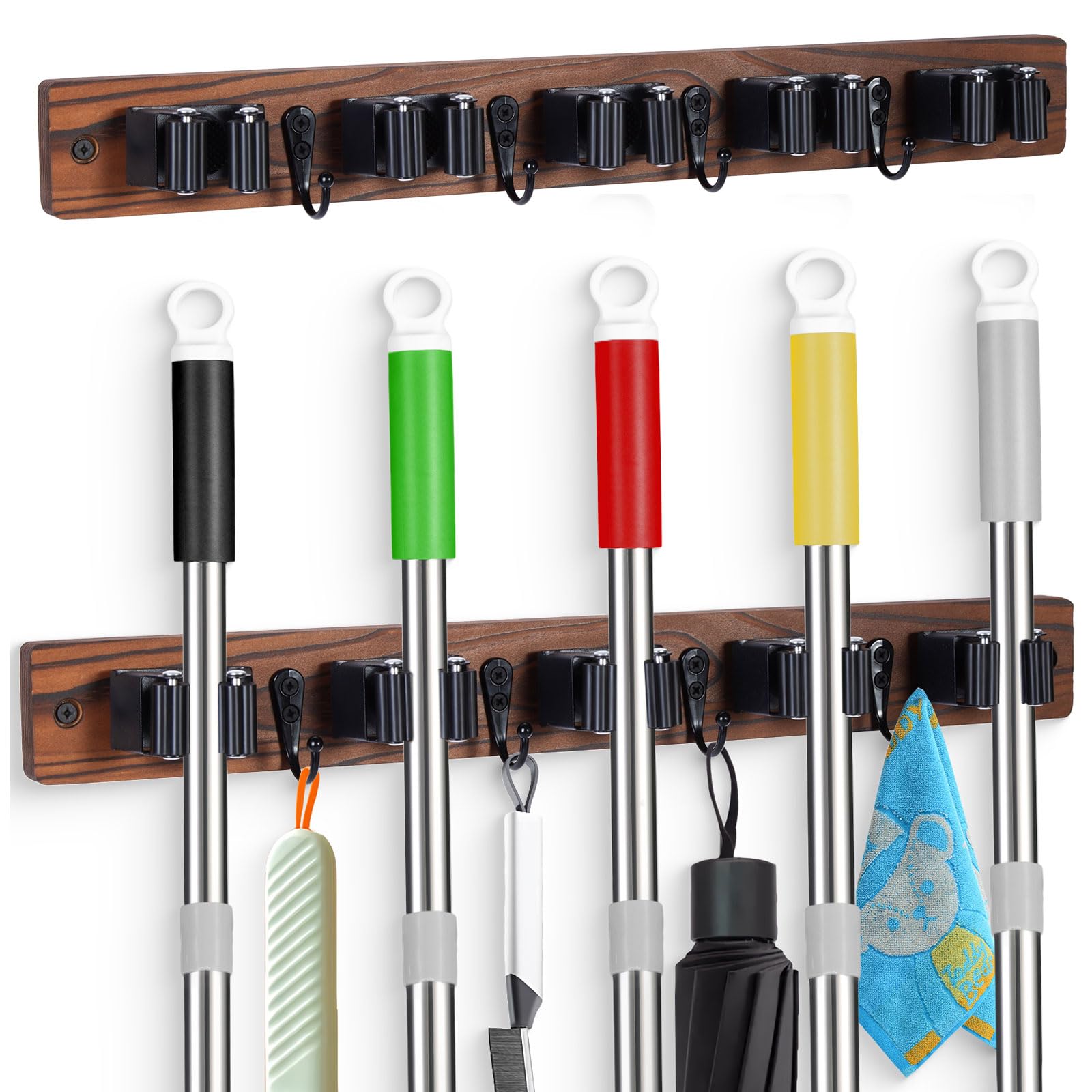 2 PACK Broom Holder Wall Mount With 5 Slots & 4 Hooks (2 Count)