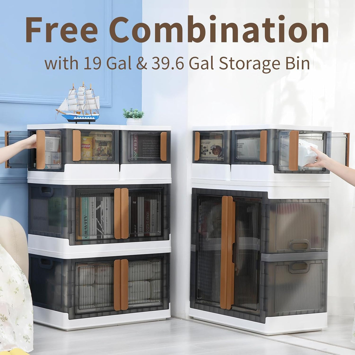 HAIXIN Closet Organizers and Storage, 4 Doors Opening Stackable Storage Box, 6.86 Gal Plastic Dorm Room Essentials, Folding Storage Container with Wheels, Cube Bins for Room Organizer, 3 Pack