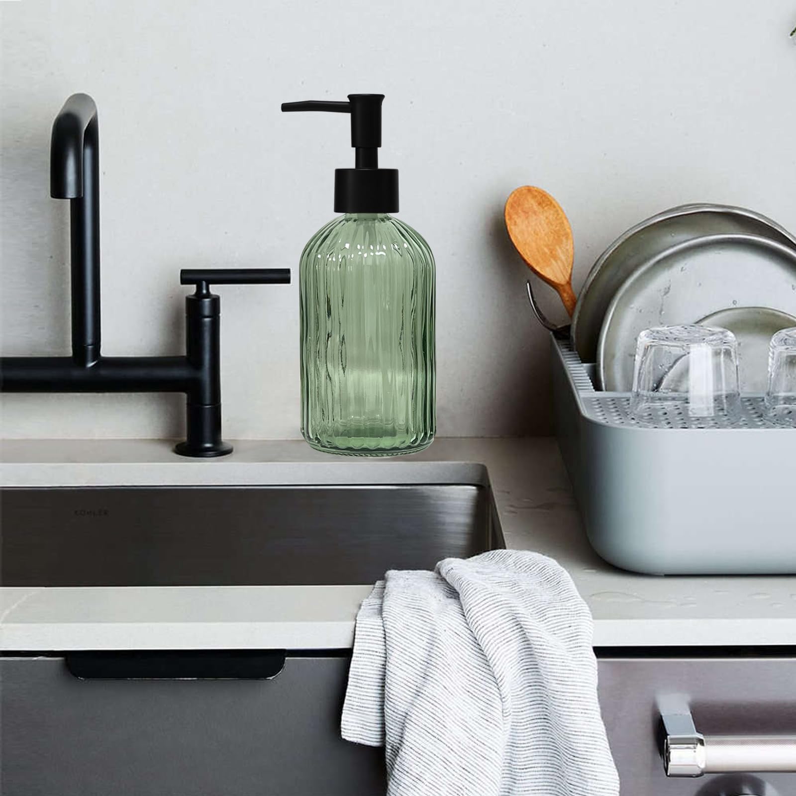 Green Glass Soap Dispenser with Black Plastic Pump