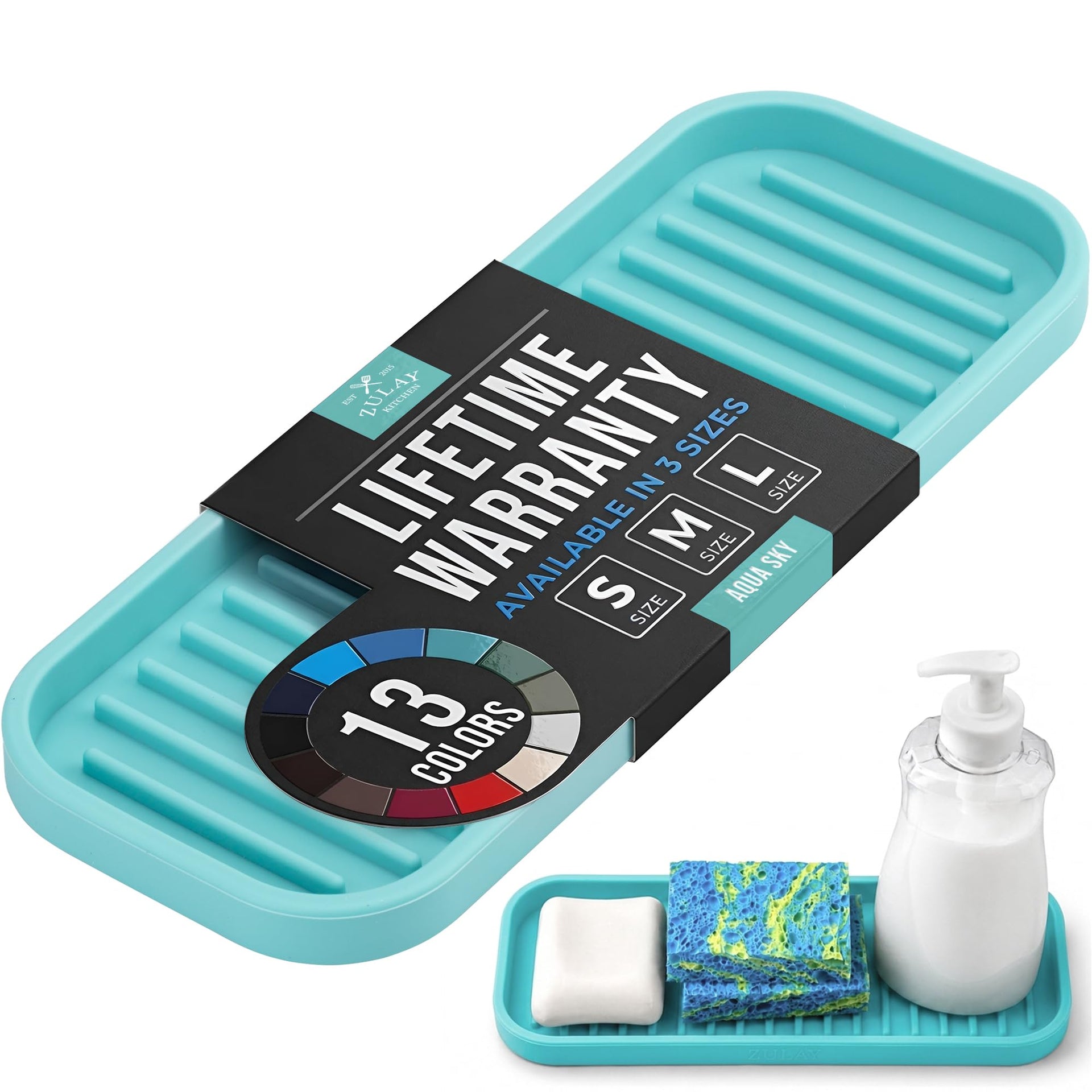 9x3.5) Silicone Sponge Holder for Kitchen Sink - Flexible Multipurpose Soap Tray Sponge Holder - Sink Organizer Tray for, Bathroom, Makeup, Trinkets & More (Aqua Sky)