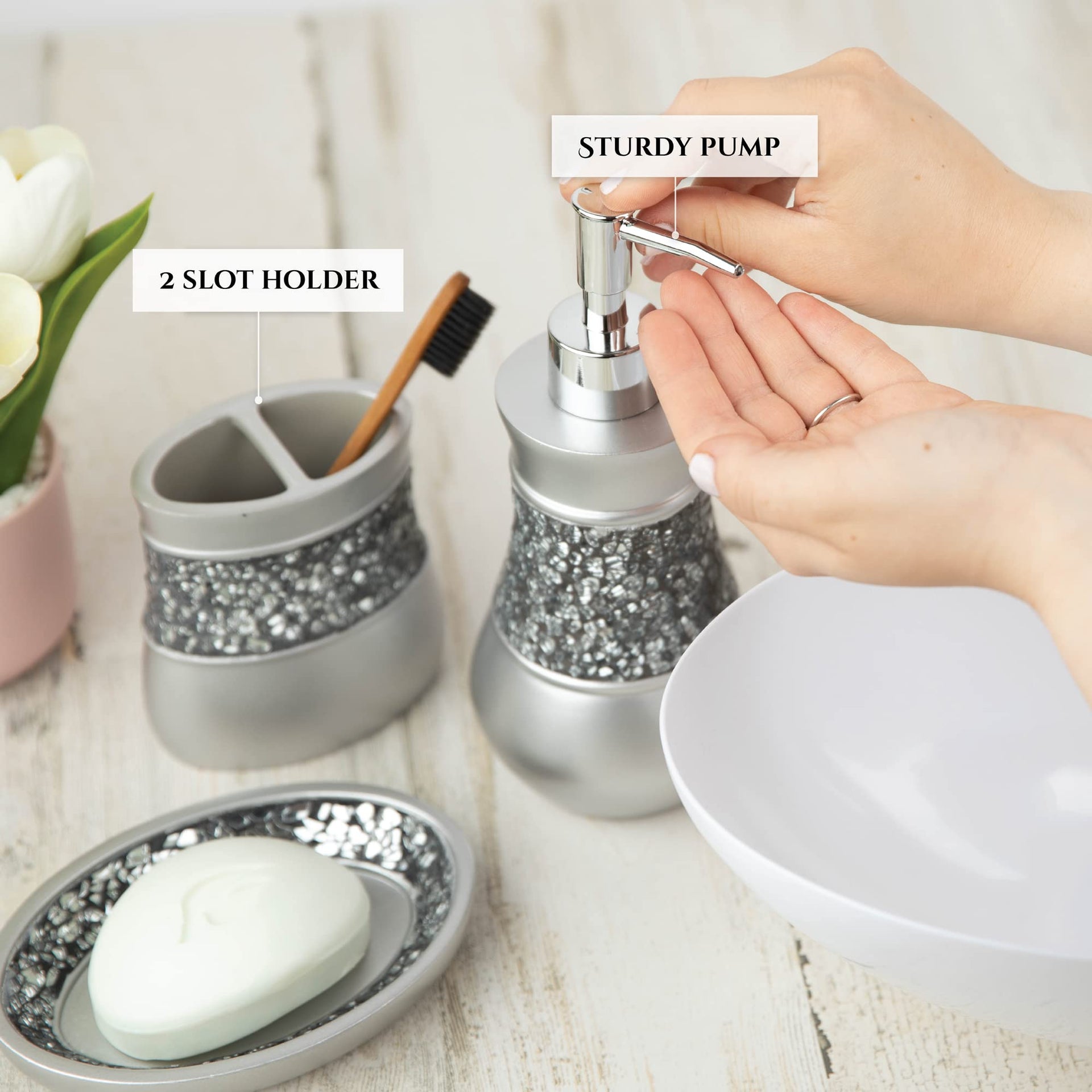 Crackled Glass Silver Hand Soap Dispenser for Bathroom (2 Count)